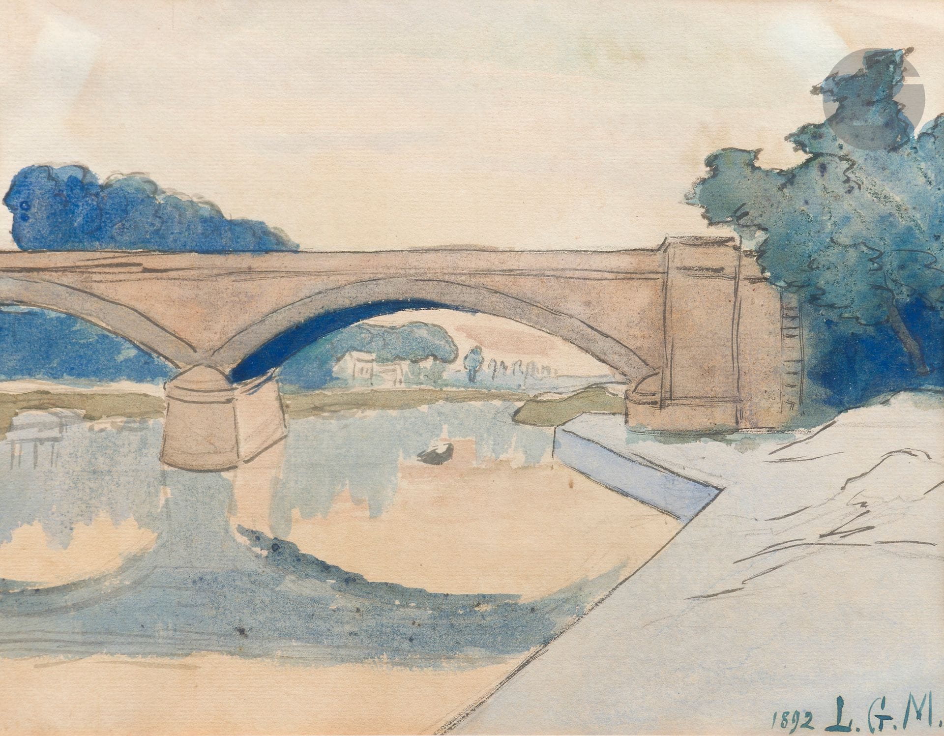 Léo GAUSSON (1860-1944)
Lagny Bridge, 1892
Ink and wash.
Monogrammed and dated lower right.
23 x 30 cm

Provenance : 
Léon Gausson studio sale, Mes Robert-Labat, Hôtel Drouot, Paris, December 3, 1979, catalog, no. 20.