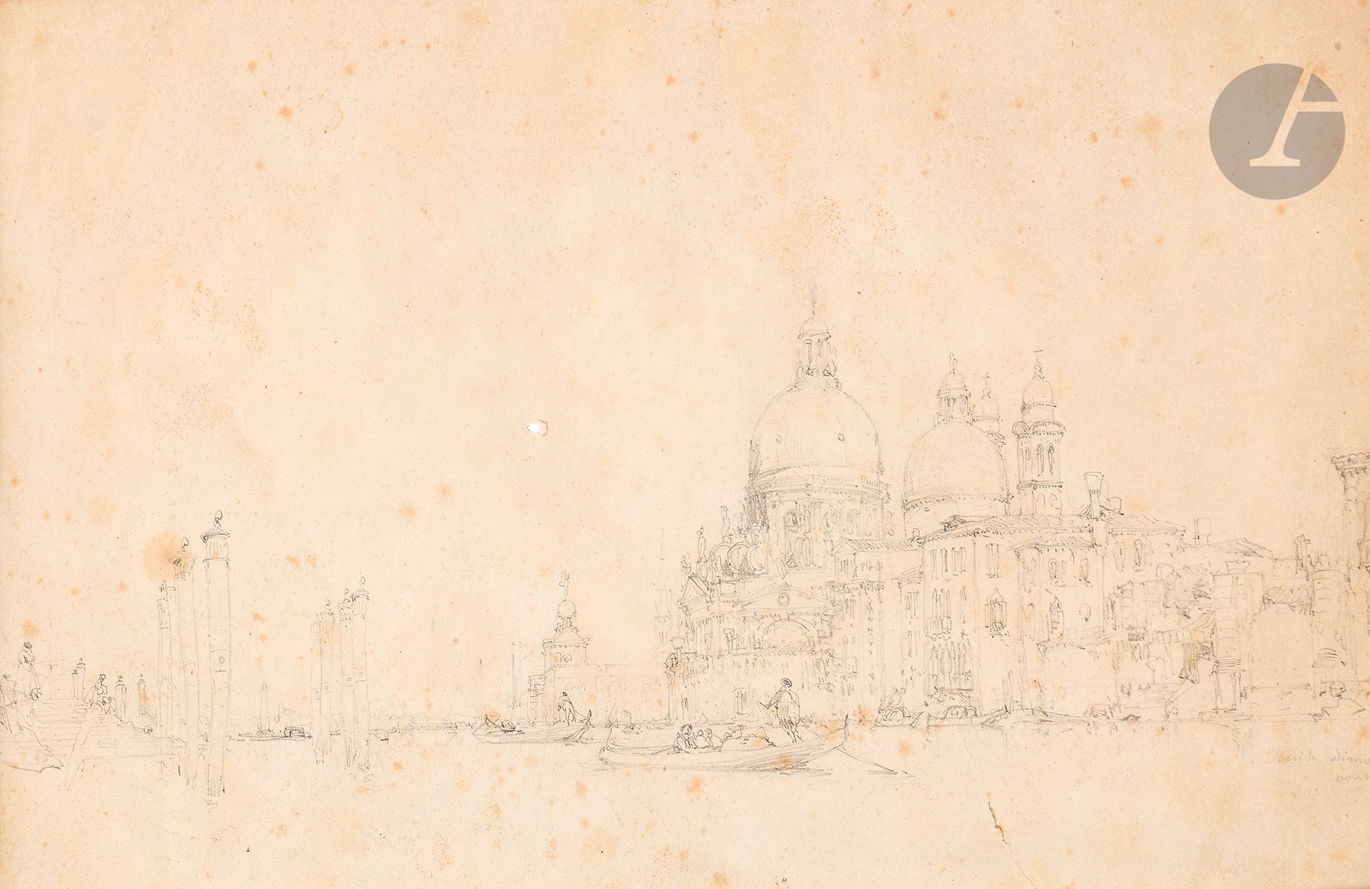 Félix ZIEM (Beaune 1821 - 1911 Paris)
La Salute - Étude de personnages au bord de l'eau
Deux crayons noirs.
Datés et situés en bas à droite.
(Déchirure).
20 x 25 cm - 30 x 18,5 cm