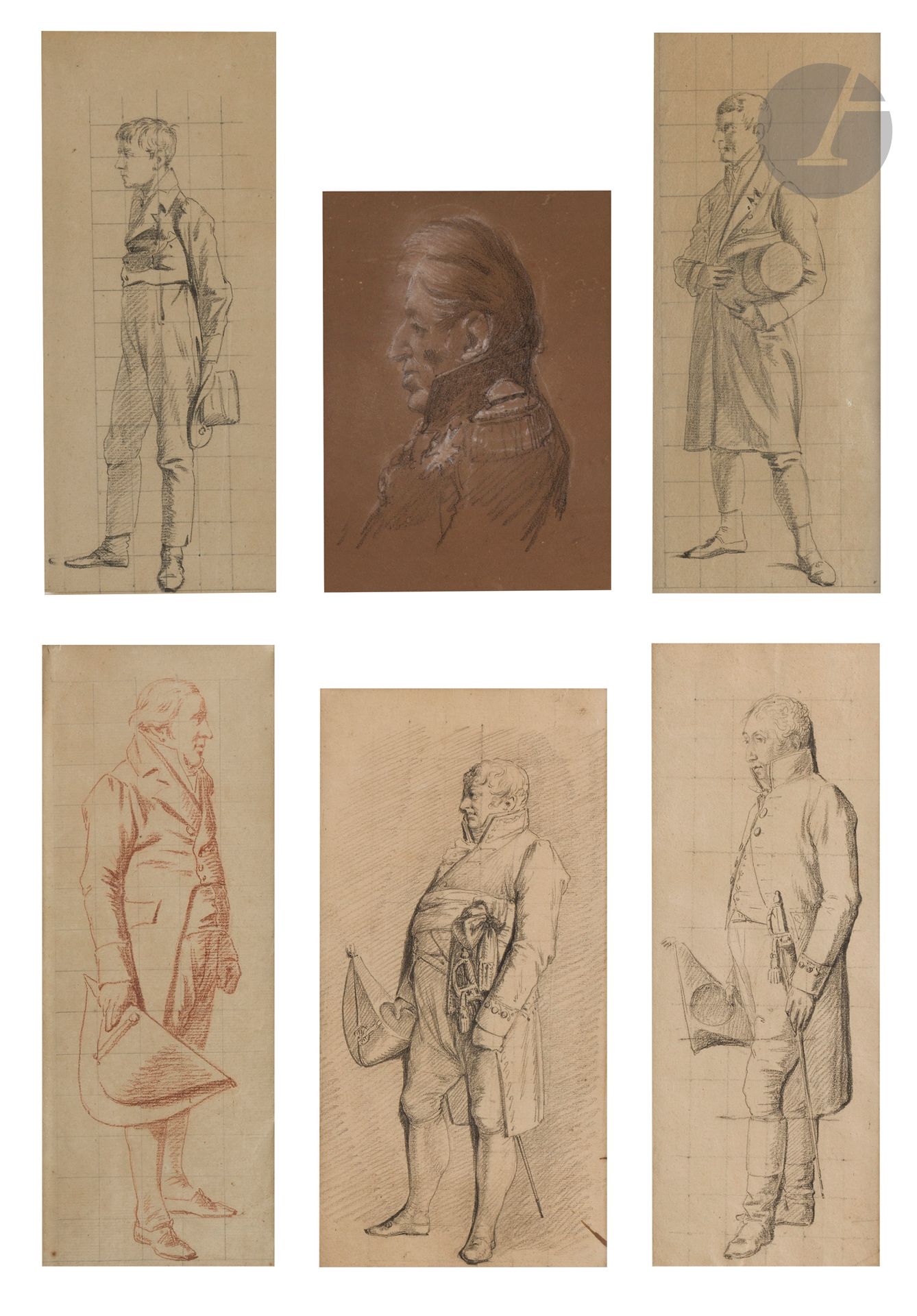 Attributed to François-Joseph HEIM (Belfort 1787 - Paris 1865)
Five full-length portraits of men and one profile portrait of Charles X in the same montage.
3 black pencils, 1 red chalk, 1 black pencil and white chalk highlights.
80 x 57 cm (dimensions of montage).