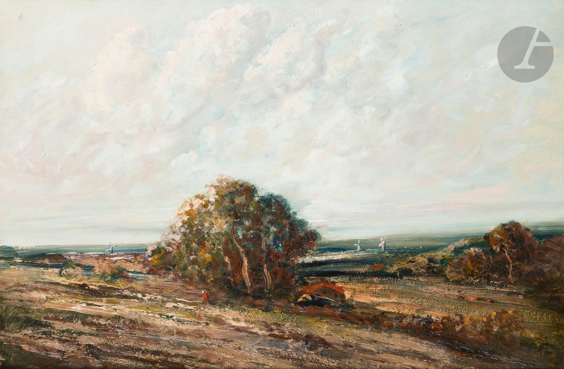 ÉCOLE FRANCAISE, vers 1850-60
Paysage aux moulins
Huile sur papier marouflé sur toile.
Non signée.
Monogrammée "G.M" au dos.
36 x 54 cm