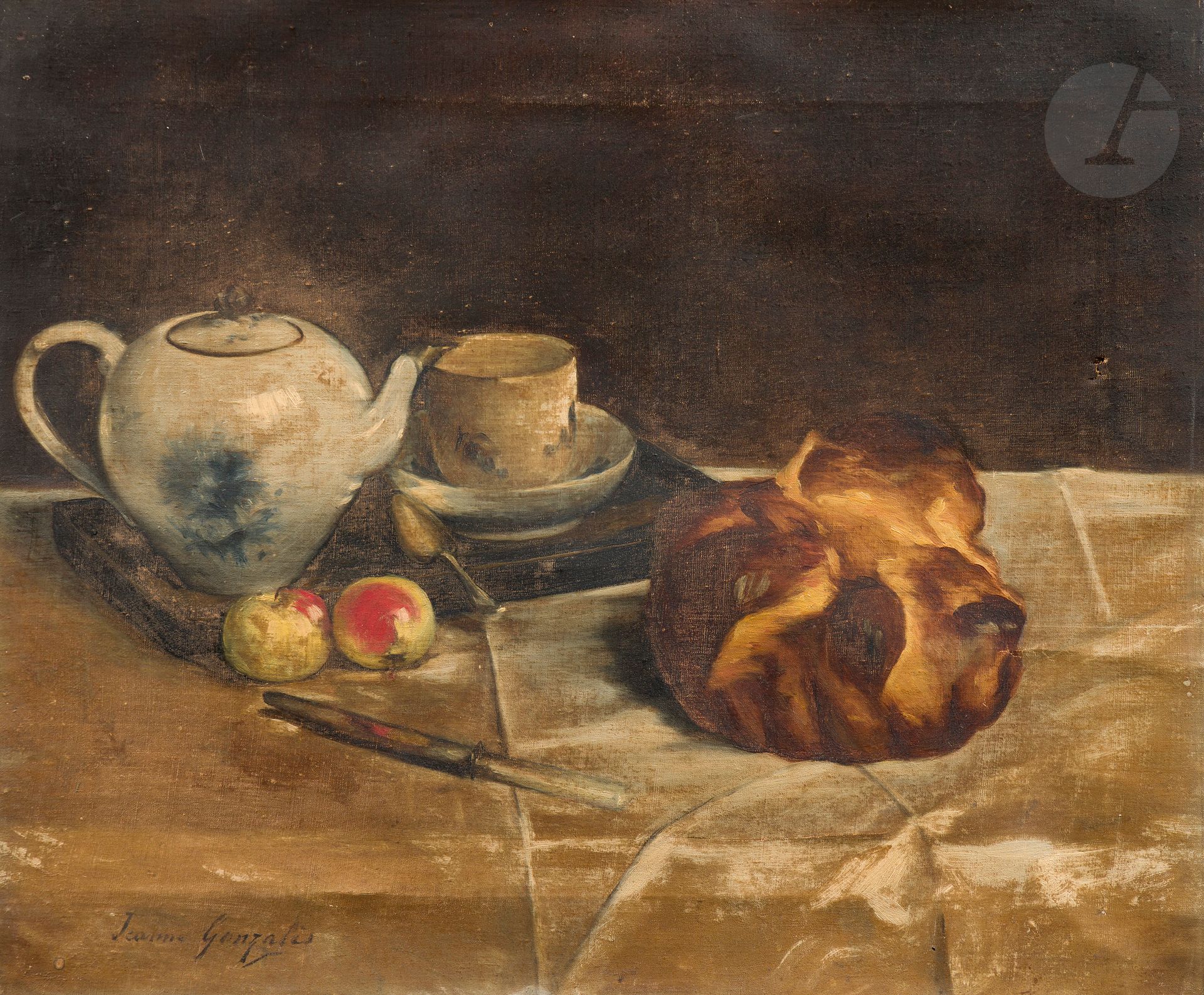 Jeanne GUÉRARD-GONZALES (1856-1924)
Nature morte à la brioche
Huile sur toile.
Signée en bas à gauche.
(Déchirures, accident et usures).
46 x 56 cm