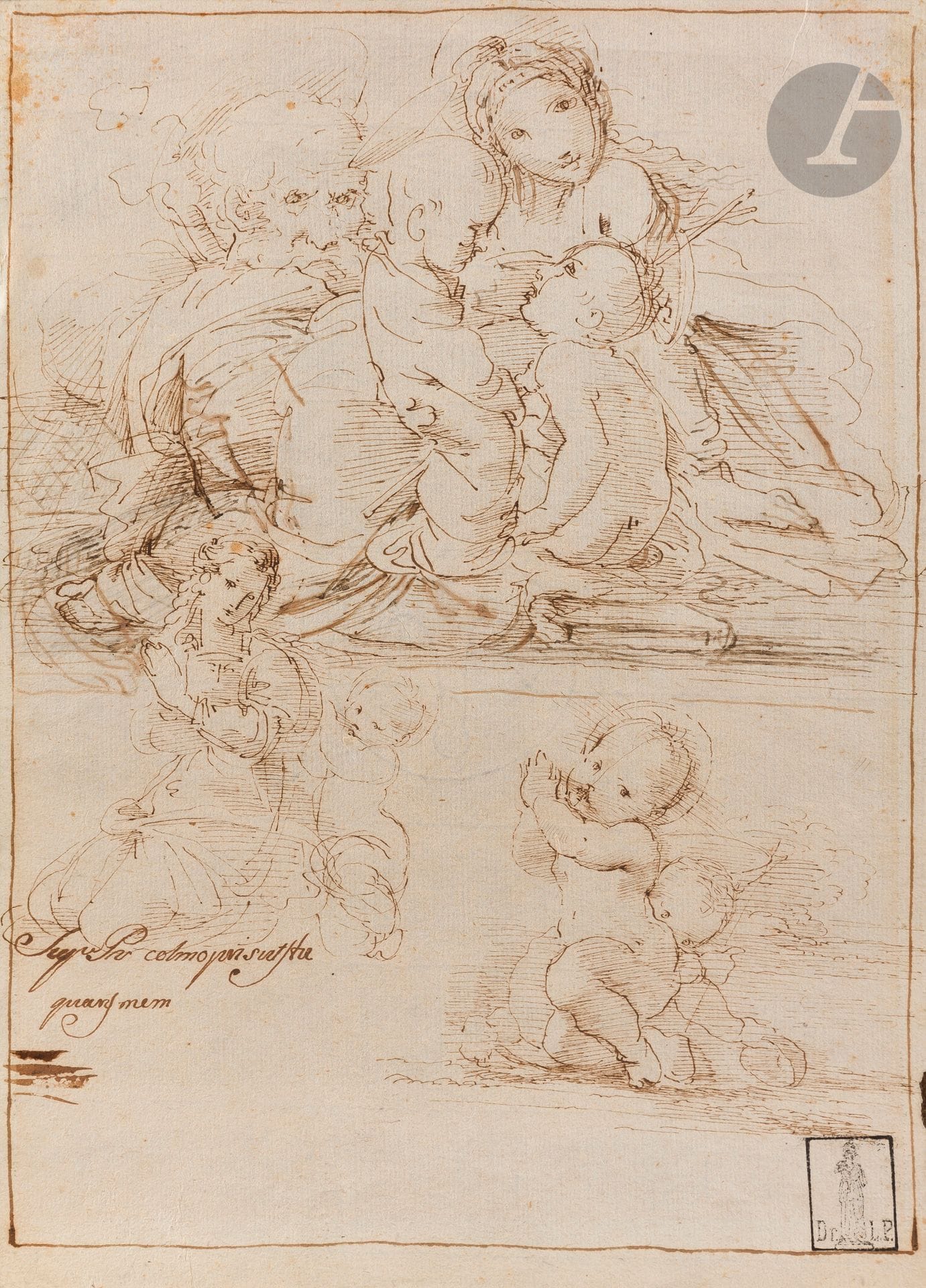 *Fortunato DURANTI (Montefortino 1787-1863) 
Sainte Famille avec saint Jean-Baptiste
Encre.
Annotation manuscrite à la plume en bas vers la gauche. 
(Pliures). 
25,9 x 18,9 cm 

Provenance :
Collection Ludwig Pollak, son cachet en bas à droite (Lugt 788b).

Notre dessin est techniquement très proche de plusieurs feuilles conservées au Cooper Hewitt Museum, inv.1938-88-8056 et inv.1938-88-7386.