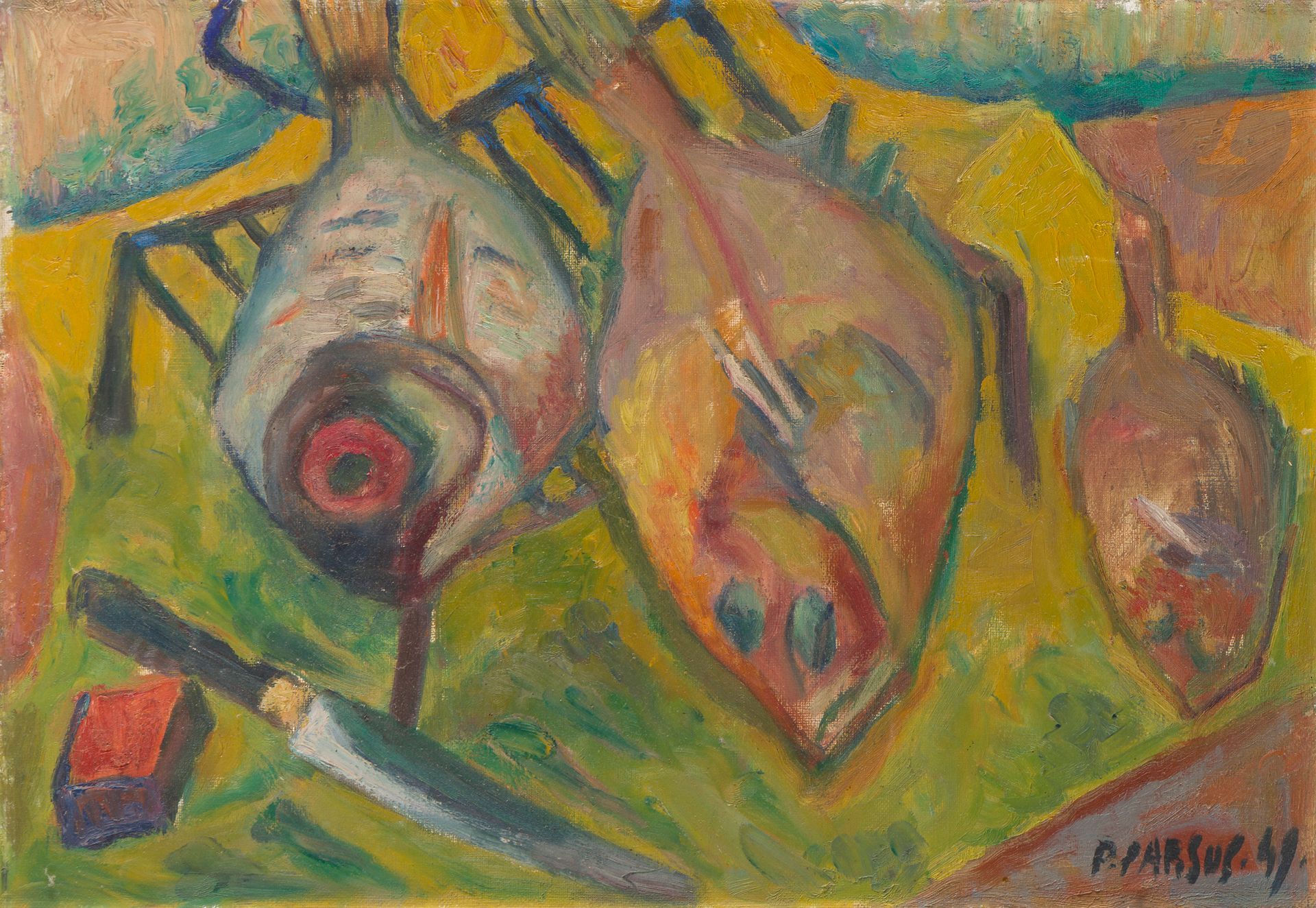 Pierre PARSUS (1921-2022)
Nature morte aux poissons, 1949
Huile sur toile.
Signée et datée en bas à droite.
39 x 55 cm