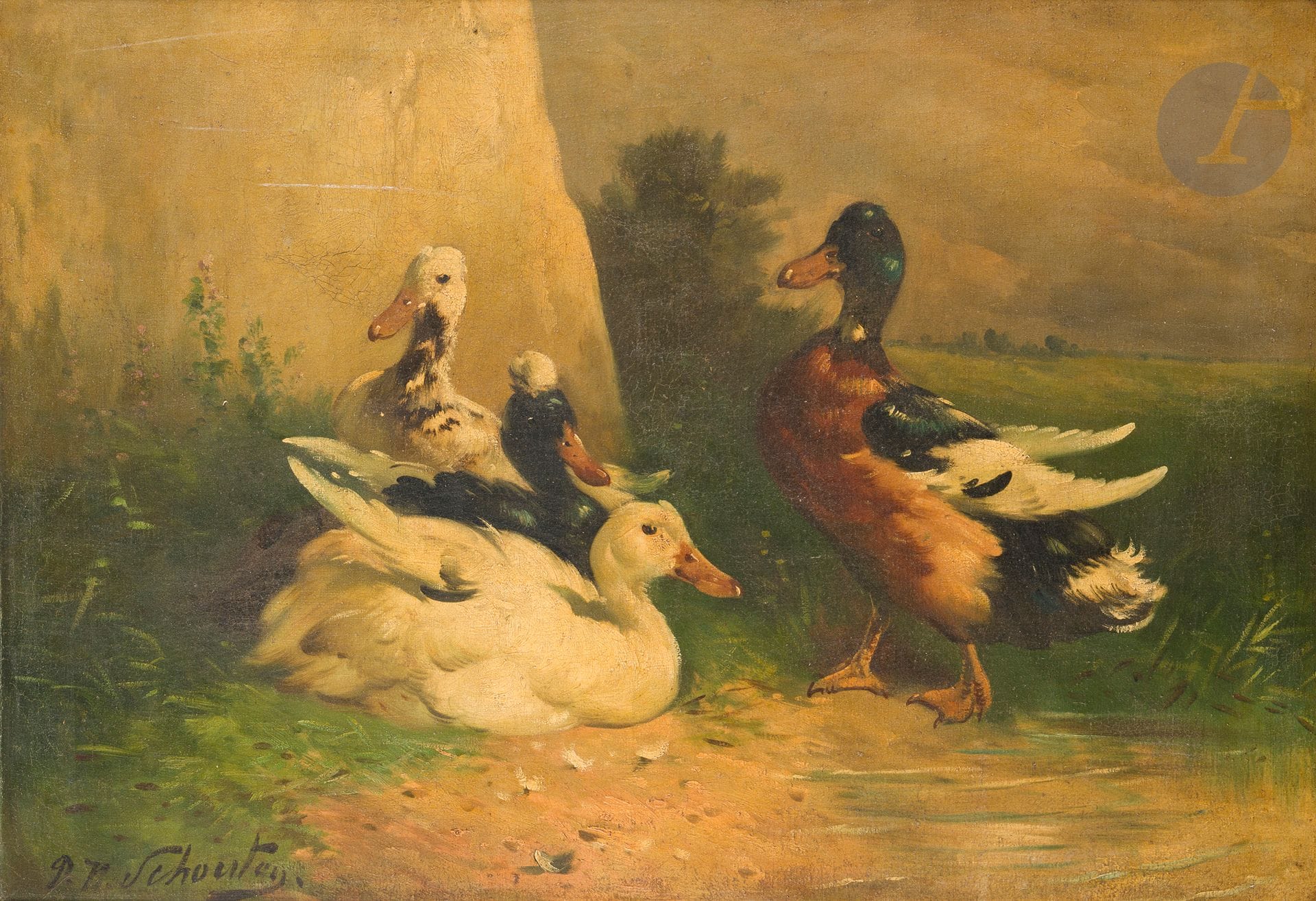 Henry SCHOUTEN (1857/64-1927)
Les Canards
Huile sur toile.
Signée en bas à gauche.
(Petites griffures).
71 x 100 cm