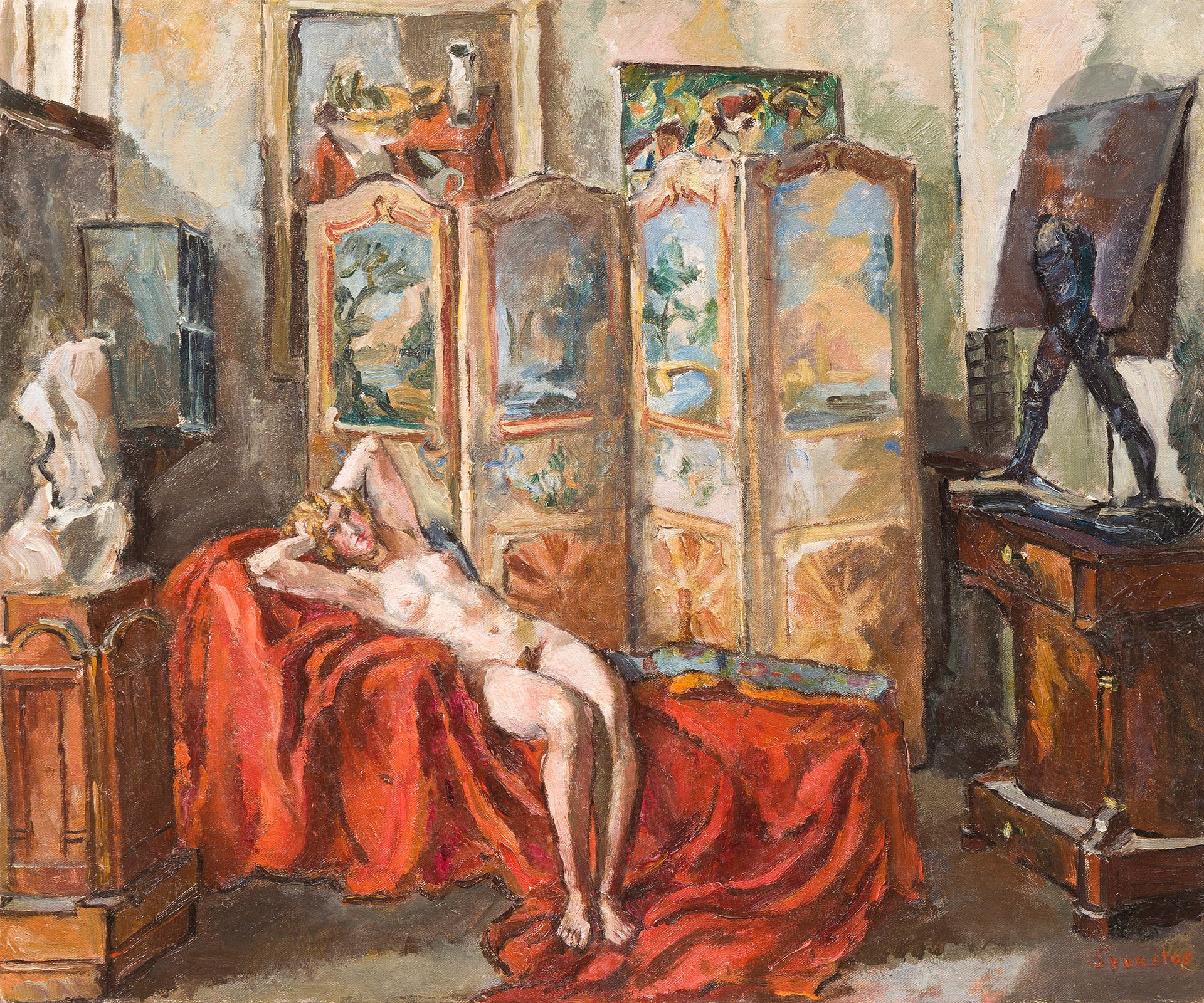 Fanny BUNAND-SEVASTOS (1905-1998)
Nu dans l'atelier de Bourdelle face à L'Homme qui marche de Rodin
Huile sur toile.
Signée en bas à droite.
46 x 55 cm

Fanny Bunand-Sevastos est la nièce et également l'élève d'Antoine Bourdelle.