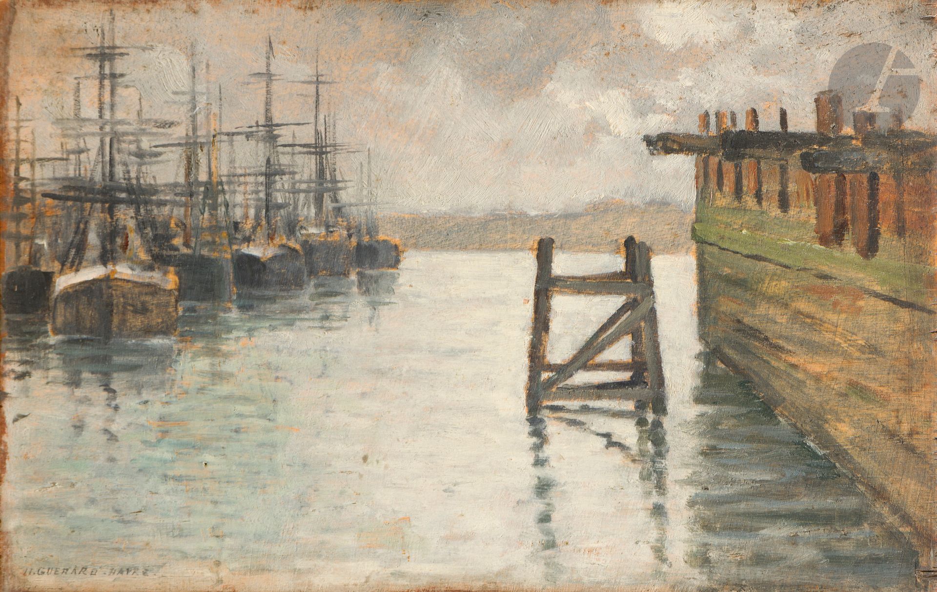 Henri Charles GUÉRARD (1846-1897)
Le Port du Havre
Huile sur panneau.
Signée et située en bas à gauche.
Mention manuscrite au dos : " Appartenant à Jean Gonzales ".
(Usures).
15,5 x 24 cm