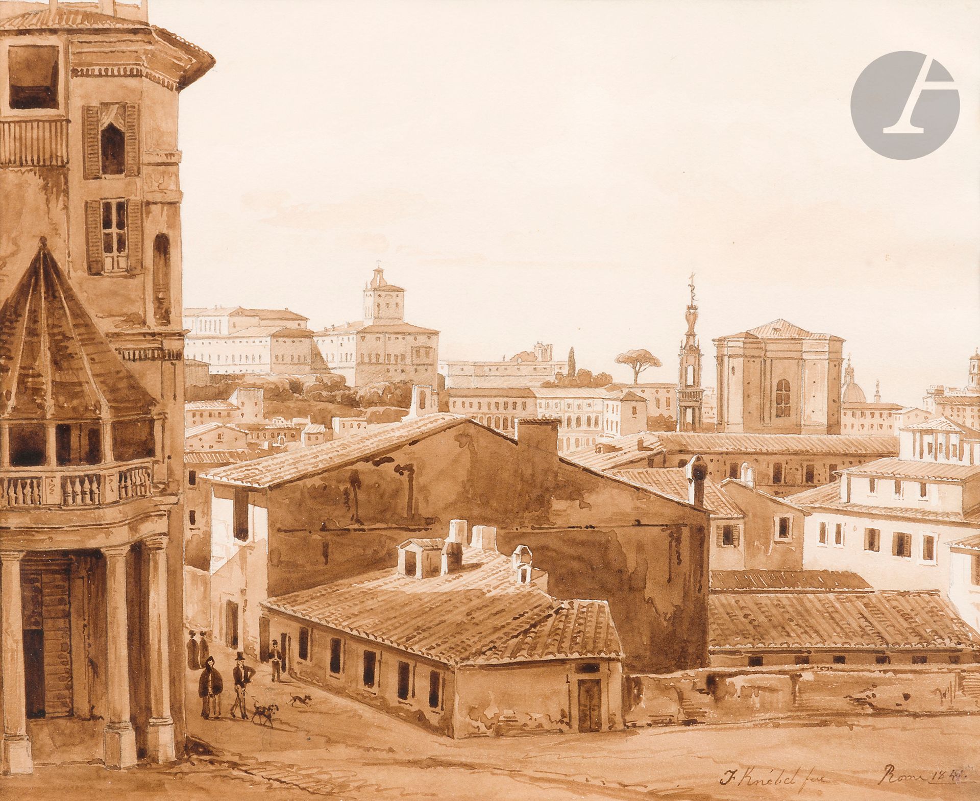 *Franz KNEBEL le Jeune (1809-1877)
Vue de Rome, 1841
Encre et lavis brun sur traits de crayon. 
Signée, située et datée en bas à droite. 
20,8 x 25,8 cm

Provenance :
- Collection Paul Brame.
- Mes Audap & Mirabaud, Paris, 19 février 2018.