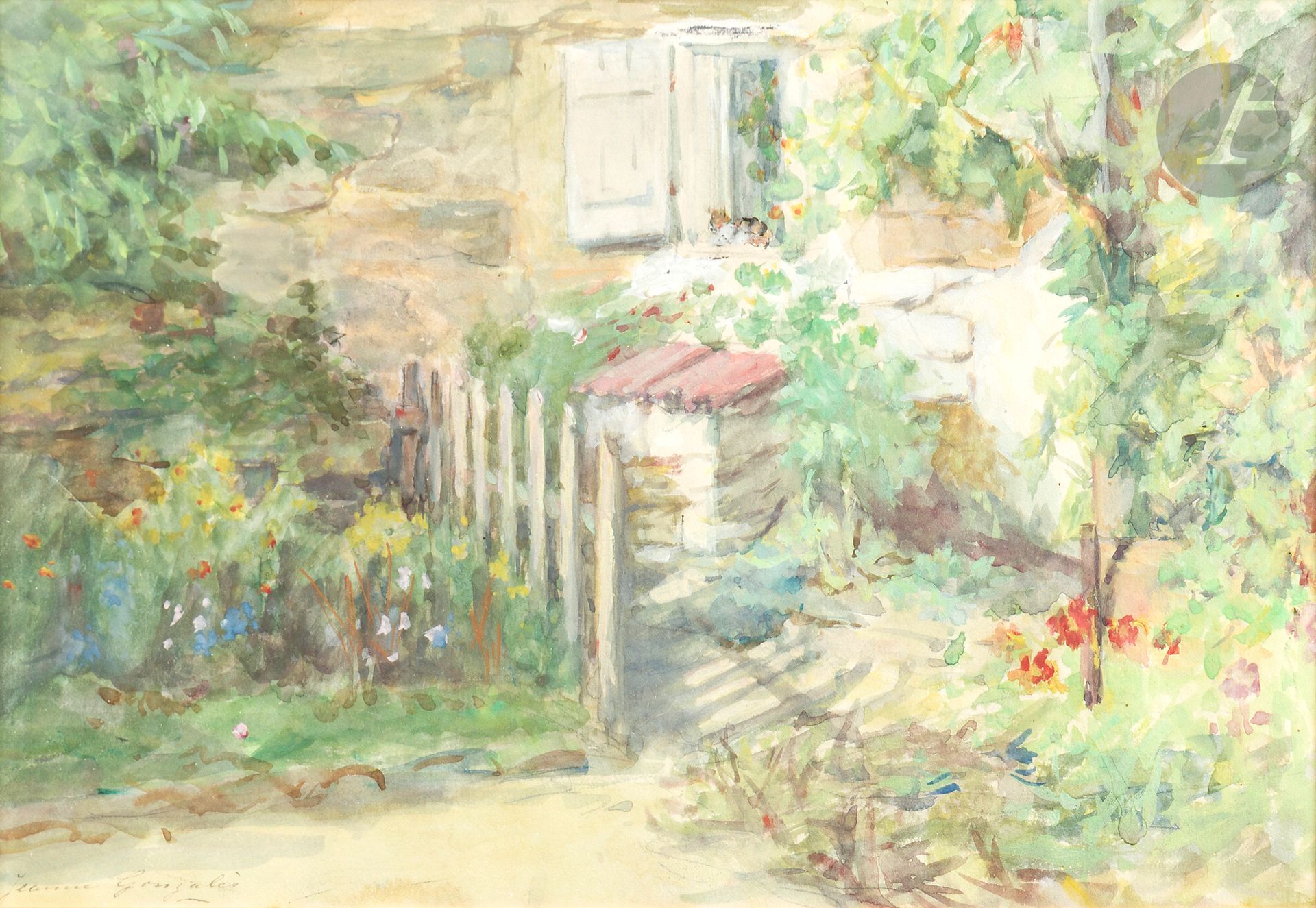 Jeanne GUÉRARD-GONZALES (1856-1924)
Fenêtre ouverte sur le jardin - Le Patio - Ville cotière
3 aquarelles et gouaches.
Signées en bas à gauche.
16,5 x 24 cm - 28 x 22 cm - 31 x 23 cm
