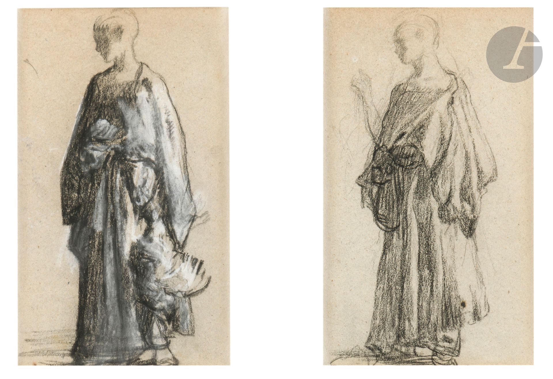 *Gustave GUILLAUMET (Paris 1840-1887)
Deux études de femmes dans un même encadrement. 
Fusain et estompe, rehauts de craie blanche pour l'un.
Environ 22,1 x 13,3 cm chaque.