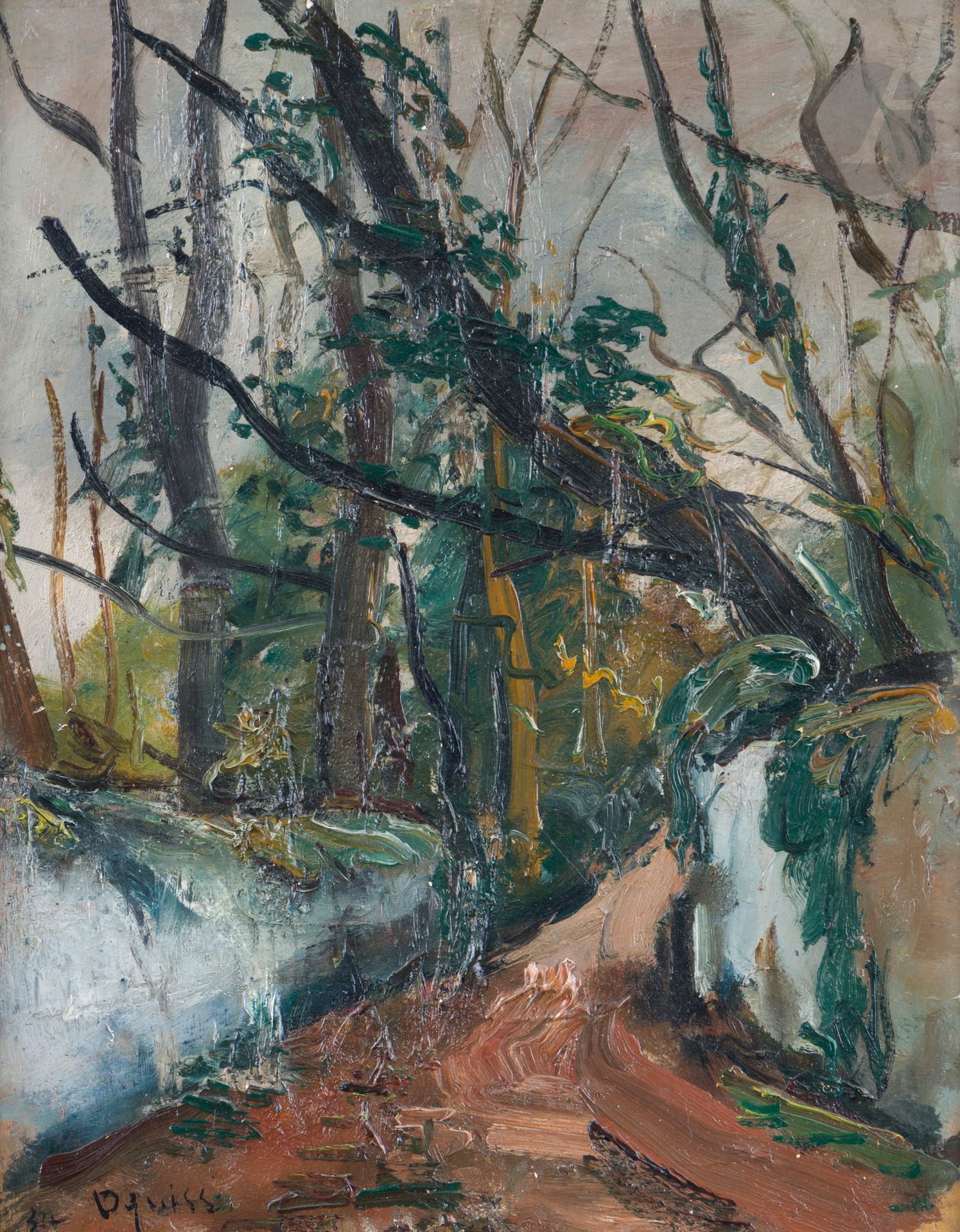 *Takanori OGUISS (1901-1986)
Chemin dans les bois du Léman, 1934
Huile sur panneau.
Signée et datée en bas à gauche.
35 x 27 cm

Nous remercions les Archives d'Oguiss de nous avoir confirmé l'authenticité de cette œuvre.