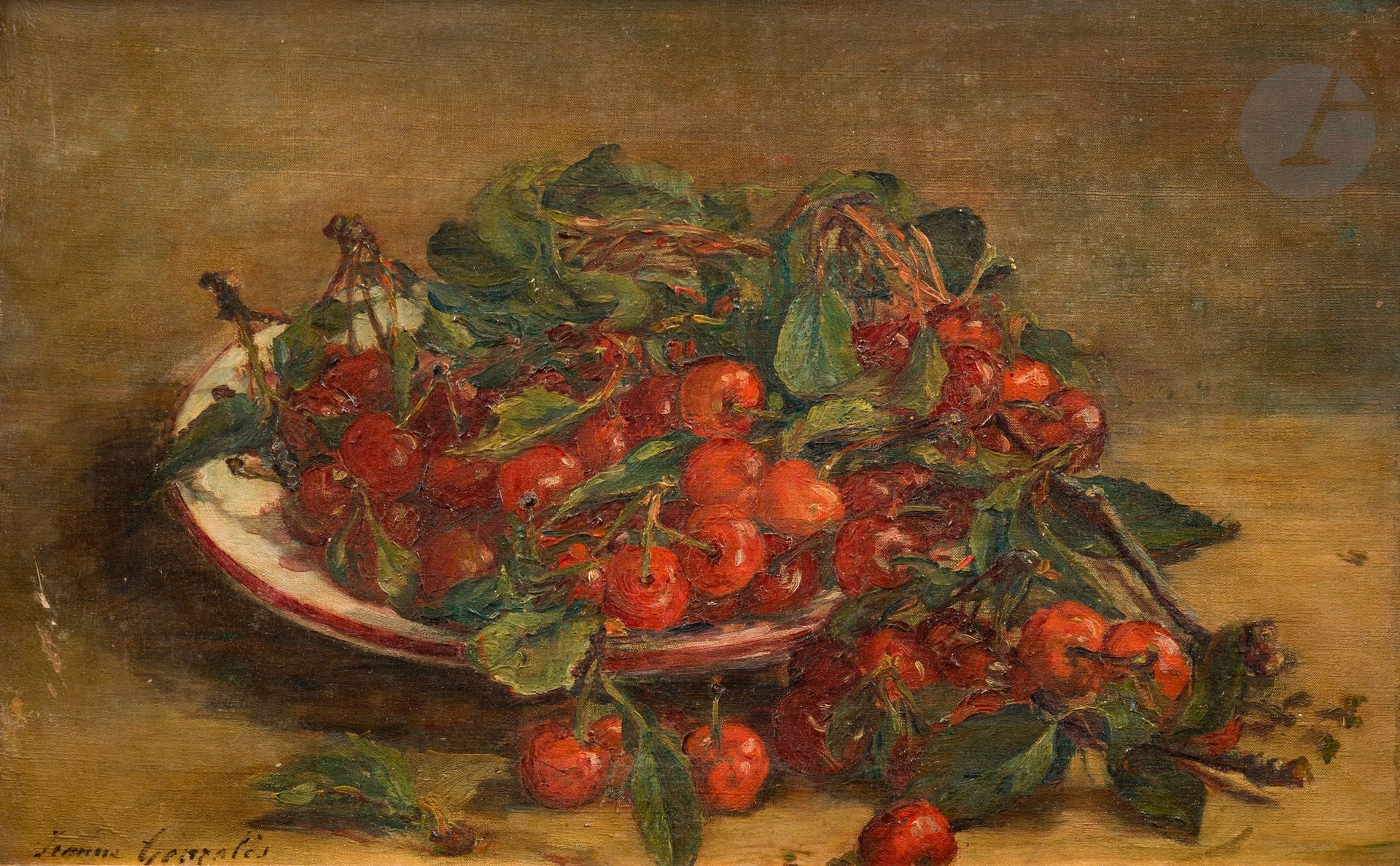 Jeanne GUÉRARD-GONZALES (1856-1924)
Nature morte aux cerises
Huile sur toile.
Signée en bas à gauche.
(Usures).
27 x 41 cm