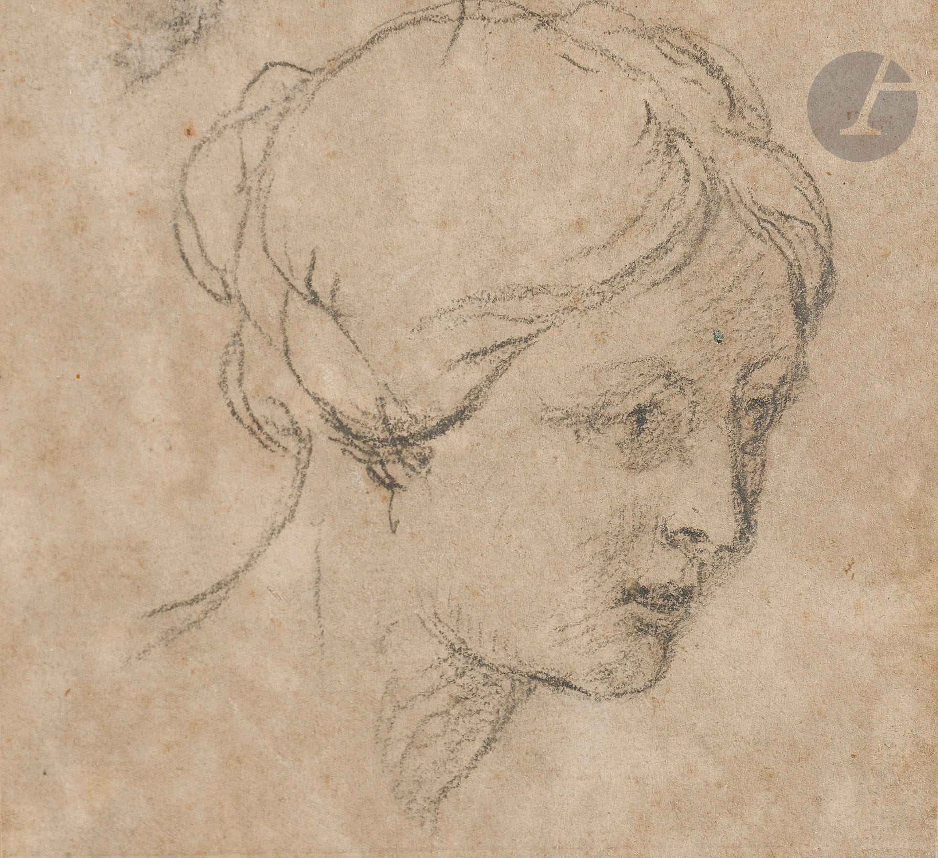 ÉCOLE FRANÇAISE vers 1700
Tête de jeune femme
Crayon noir.
8,5 x 9 cm