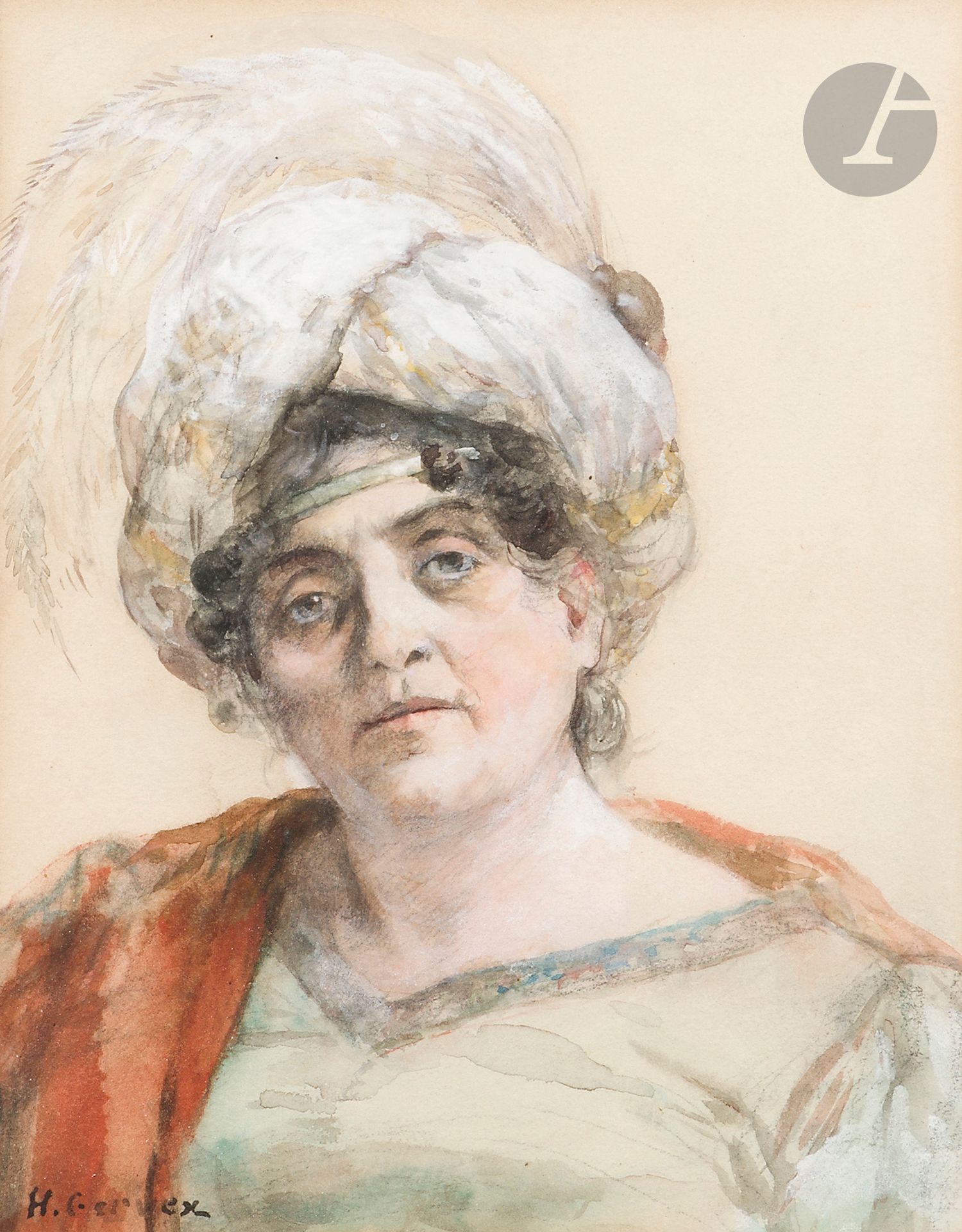 *Henri GERVEX (Paris 1852-1929)
Portrait de femme au turban
Aquarelle gouachée sur traits de crayon noir.
Signée en bas à gauche.
20,6 x 16,7 cm

Cette aquarelle est une illustration par Gervex du portrait de "Dona Concha Marialva" dite "la Duegne" dans le roman de la Fille aux yeux d'or de Balzac. Nous remercions Madame Adélaïde de Canchy Bertrand, actuellement en préparation d’un catalogue raisonné de l’œuvre de l’artiste, pour les informations qu’elle nous a transmises.