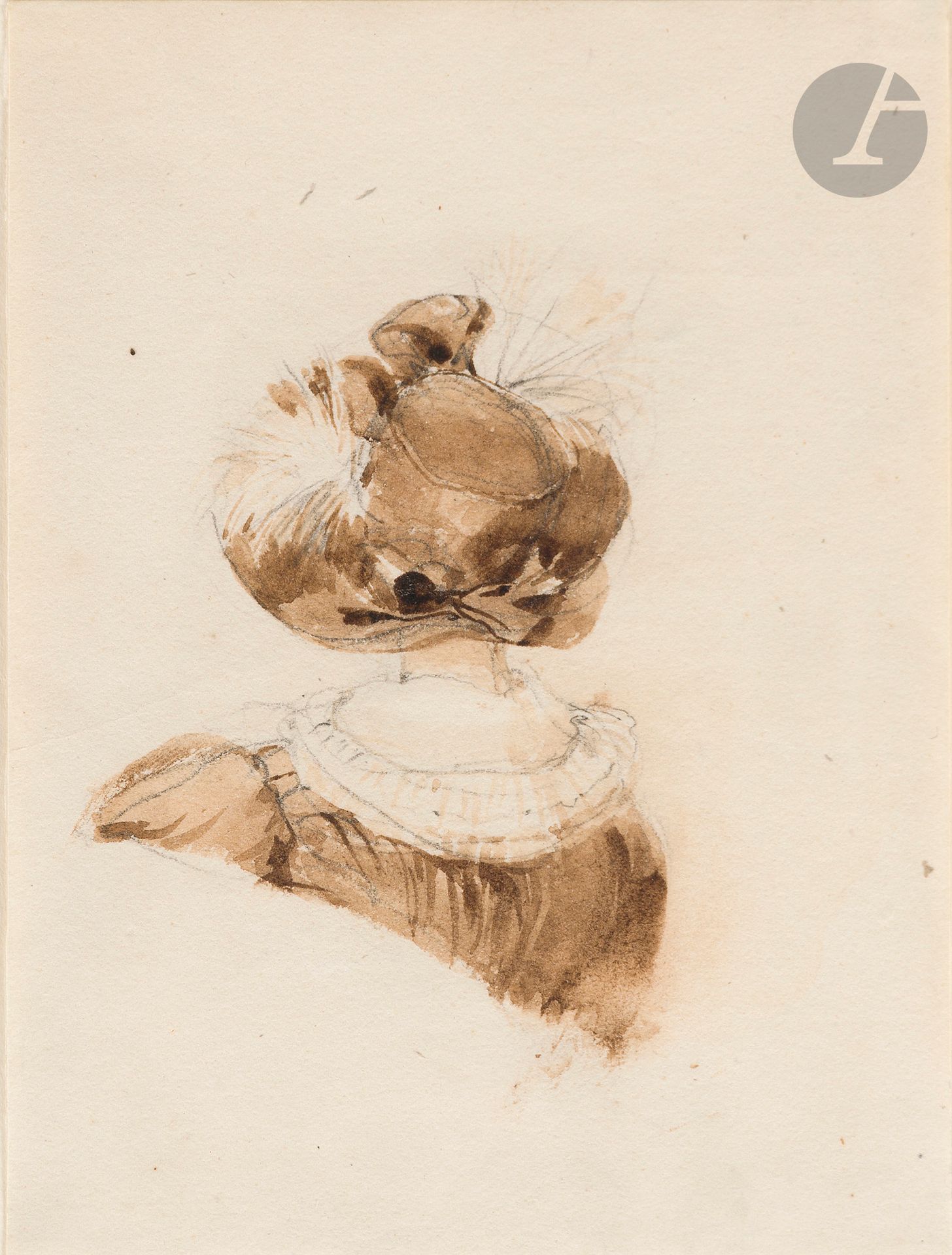 Richard Parkes BONINGTON(Arnold 1802 - London 1828)
Woman with hat seen from behind
Ink and ink wash over graphite lines. 
12.5 x 9.5 cm