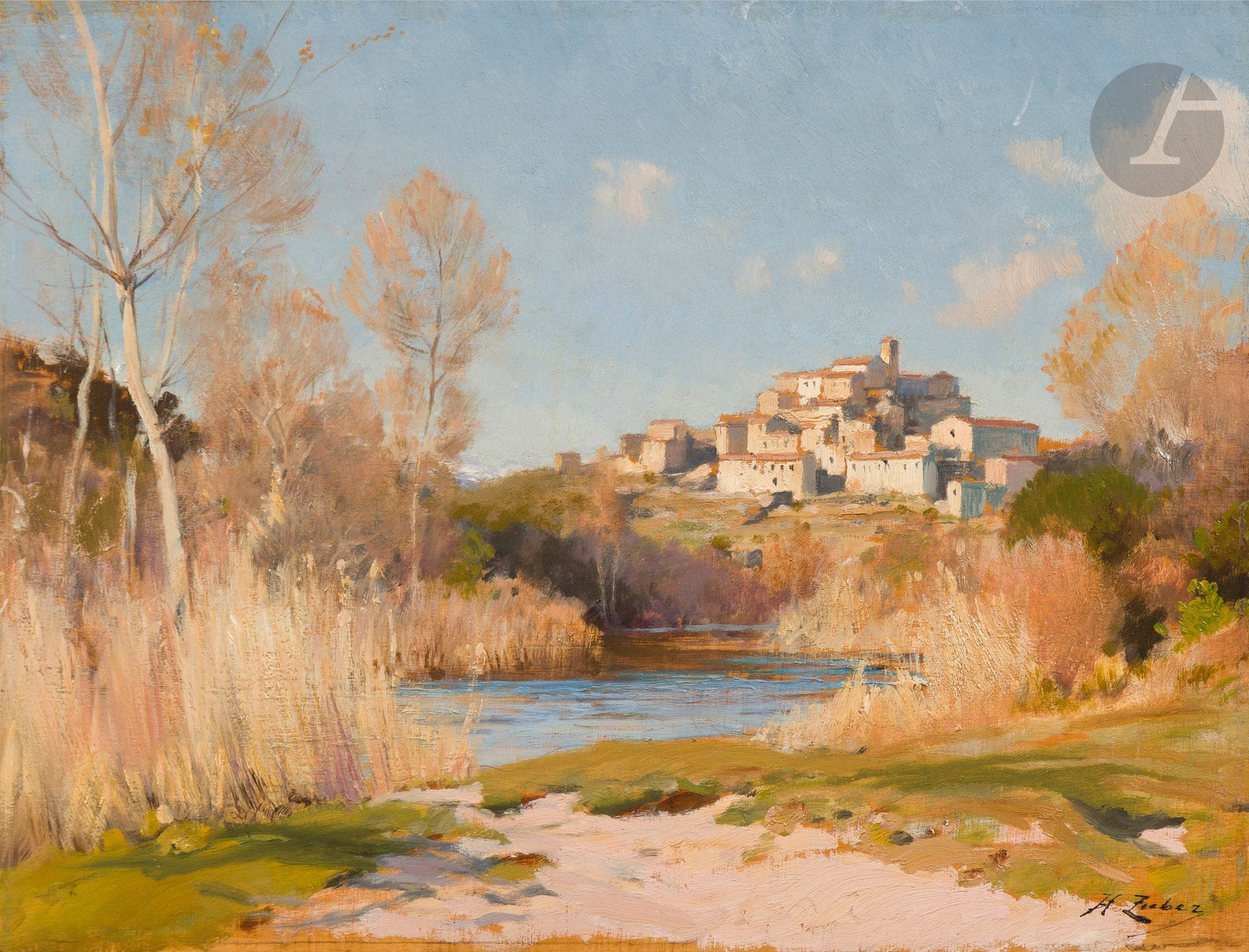 Henri ZUBER (1844-1909)
Vue d'Auribeau-sur-Siagne
Huile sur toile.
Signée et datée en bas droite.
26,5 x 35 cm