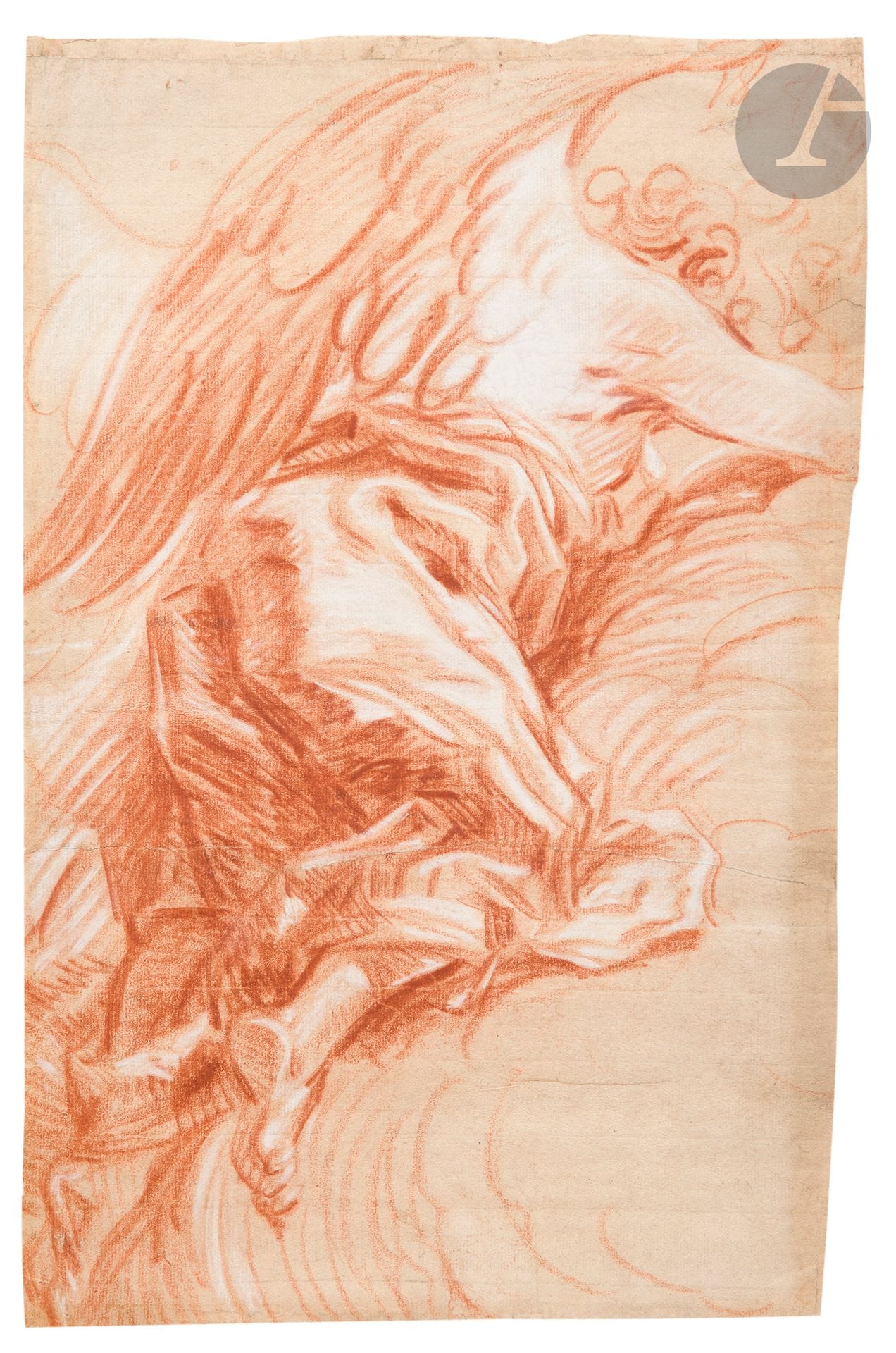 *ÉCOLE FRANÇAISE du XVIIIe siècle
Étude d'ange
Sanguine et rehauts de craie blanche.
Filigrane "  CC  " à la couronne (non identifié).  
(Légèrement insolé, petites taches, large déchirure horizontale restaurée, petite déchirure en haut à droite).
43,1 x 27,2 cm