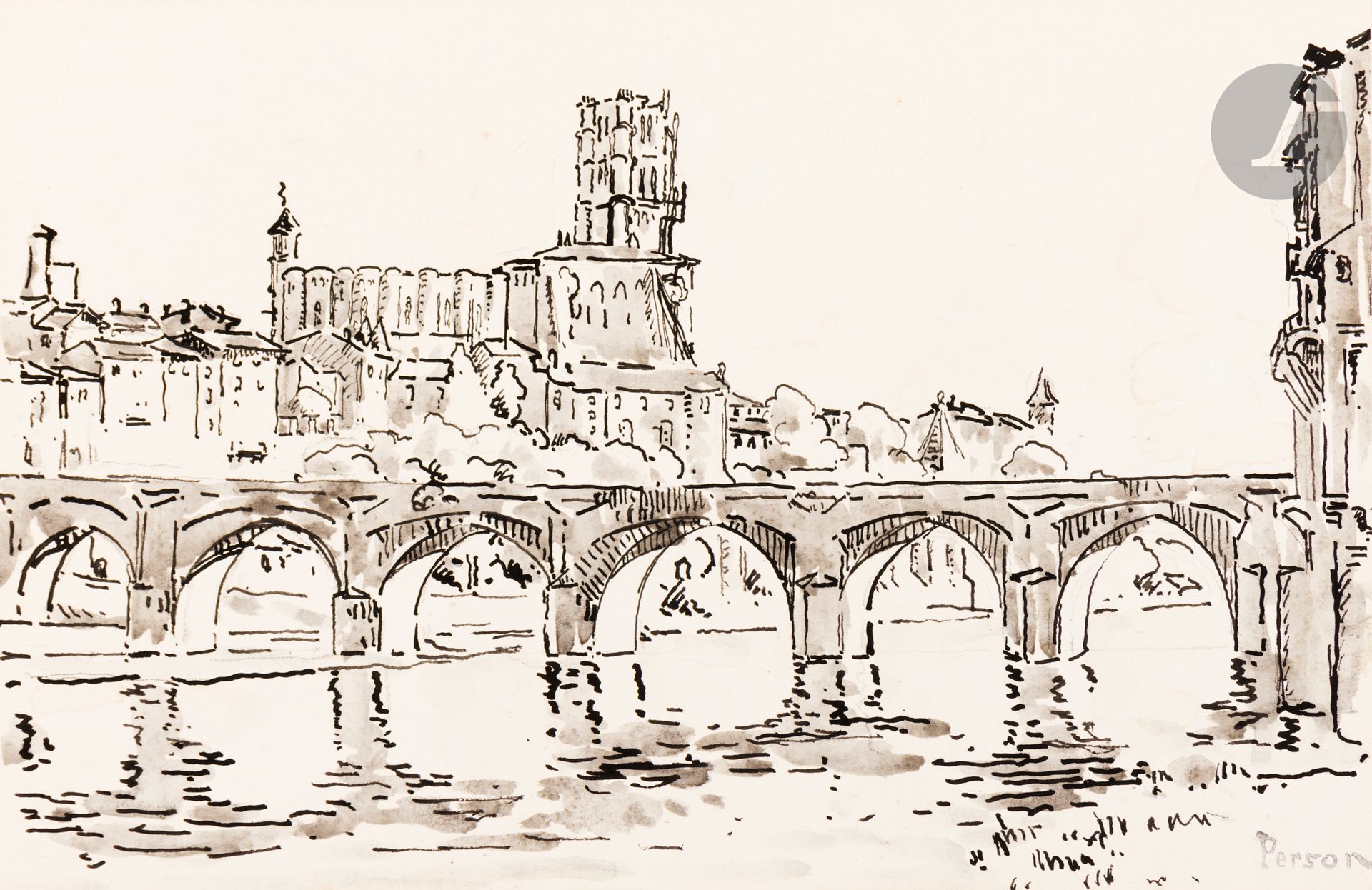 *Henri PERSON (Amiens 1876 - Paris 1926)
Bridge at Albi
Black felt pen and ink wash over black pencil lines. 
Studio stamp lower right.
(Stains).
25 x 37.8 cm

Provenance :
Millon, Collection Weil Thenon - Tableaux modernes Partie I, September 16, 2020, n°341.
