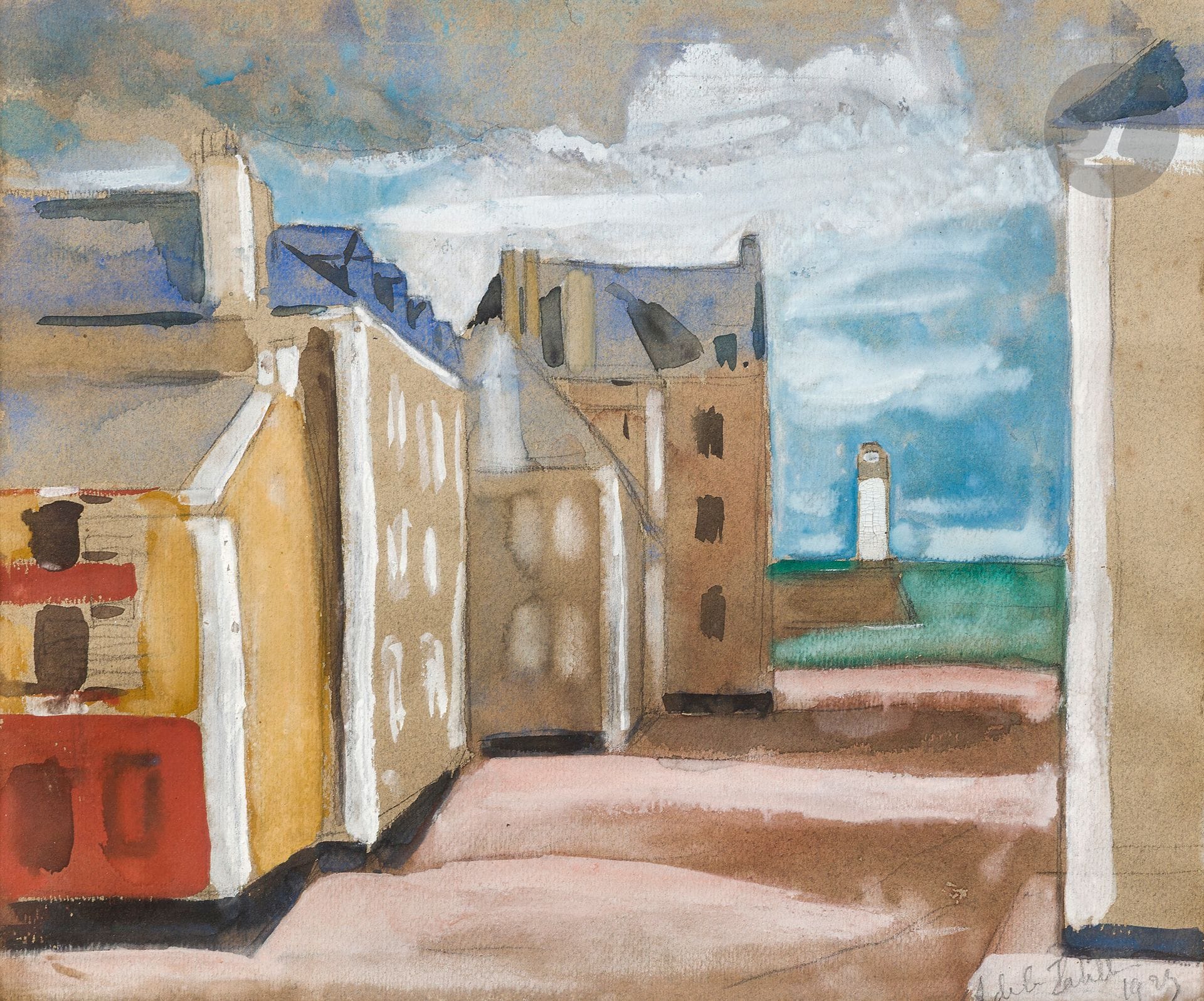 Amédée de LA PATELLIÈRE (1890-1932)
Belle-Île-en-Mer, vue sur la jetée, 1923
Gouache et aquarelle.
Signée et datée en bas à droite.
32 x 38 cm