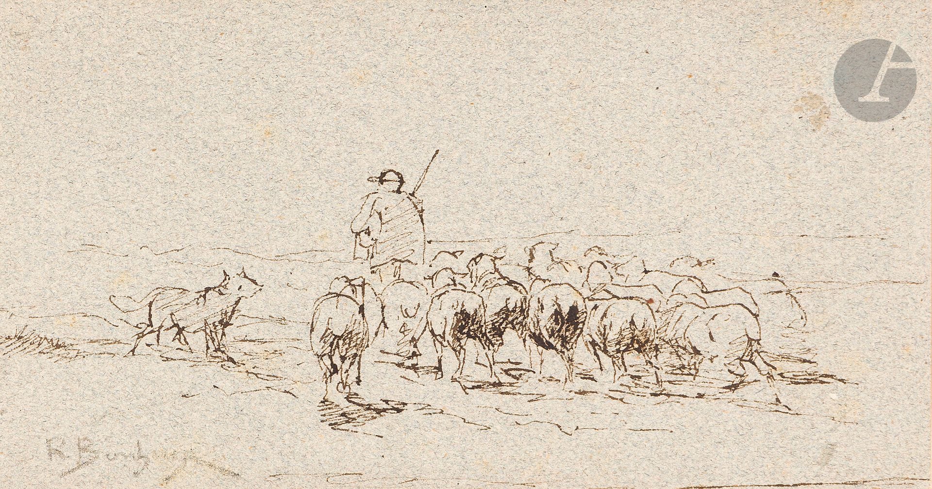 Rosa BONHEUR (Bordeaux 1822 - 1899 Thomery)
Troupeau de moutons et leur berger
Plume et encre brune sur papier bleu.
Annotée " R. Bonheur " en bas à gauche.
11,5 x 22 cm