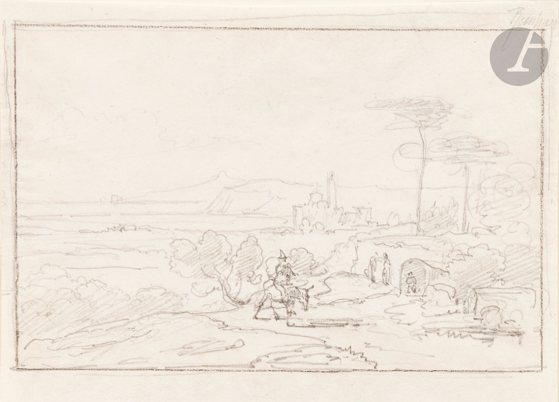 *Attributed to Johann Christian REINHART (1761-1847) 
Italian landscape
Black pencil.
Handwritten annotation upper right "Reinhart". 
16 x 22.2 cm

Provenance :
Giovanni Piancastelli (1845-1926), painter, collector and Director of the Galleria Borghese, Rome. 

Attached:
NEOCLASSICAL ITALIAN SCHOOL
Landscape with rampart
Pen, brown ink and brown wash over black pencil lines.
Located lower left "Grottaferrata".
14.1 x 21.5 cm

Provenance : 
Giovanni Piancastelli (1845-1926), painter, collector and Director of the Galleria Borghese, Rome.