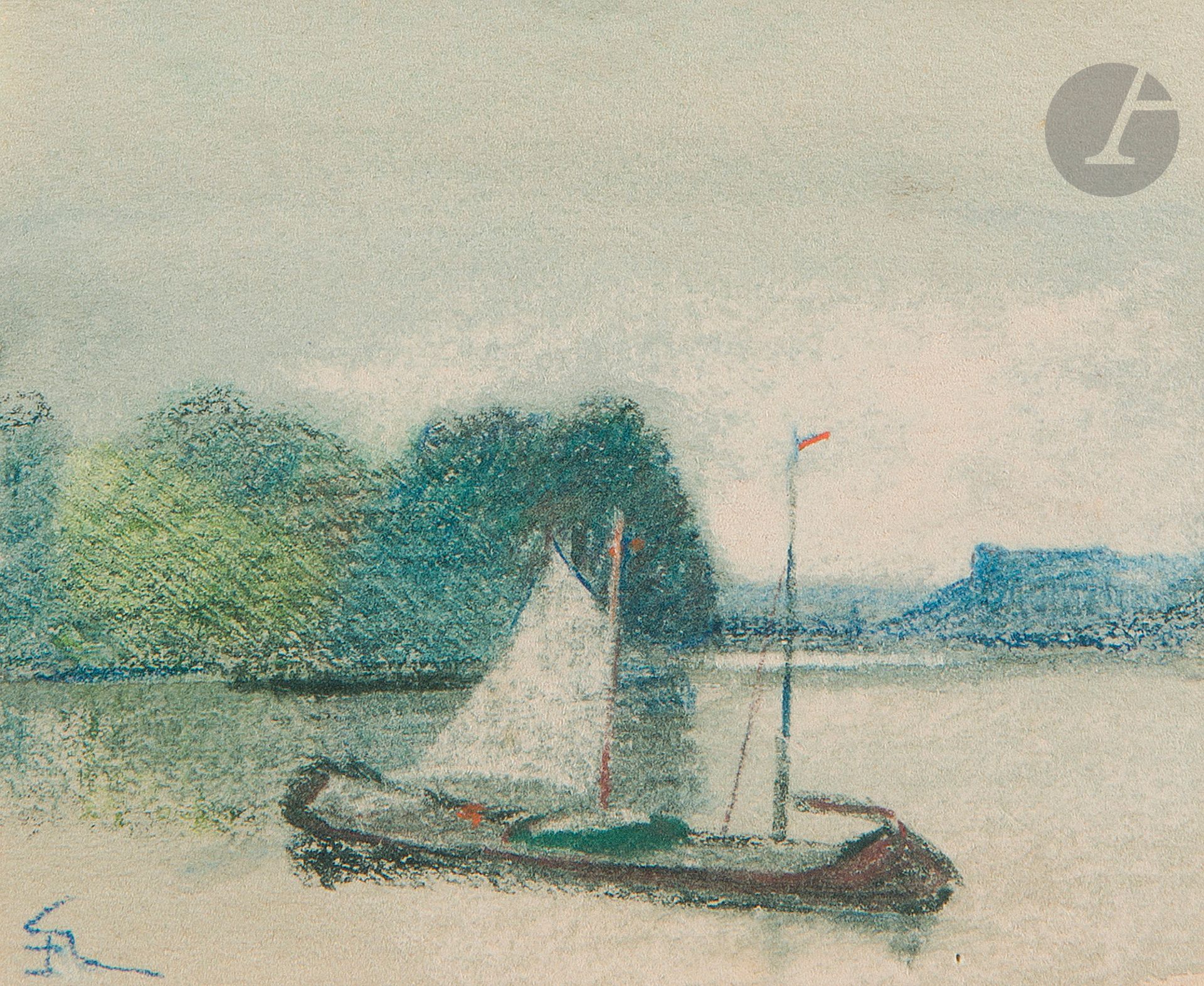 Félicien ROPS (1833-1898)
Paysage au bateau
Crayons de couleur.
Monogrammé en bas à gauche.
5,8 x 7 cm

On joint trois vignettes monogrammées du même artiste.