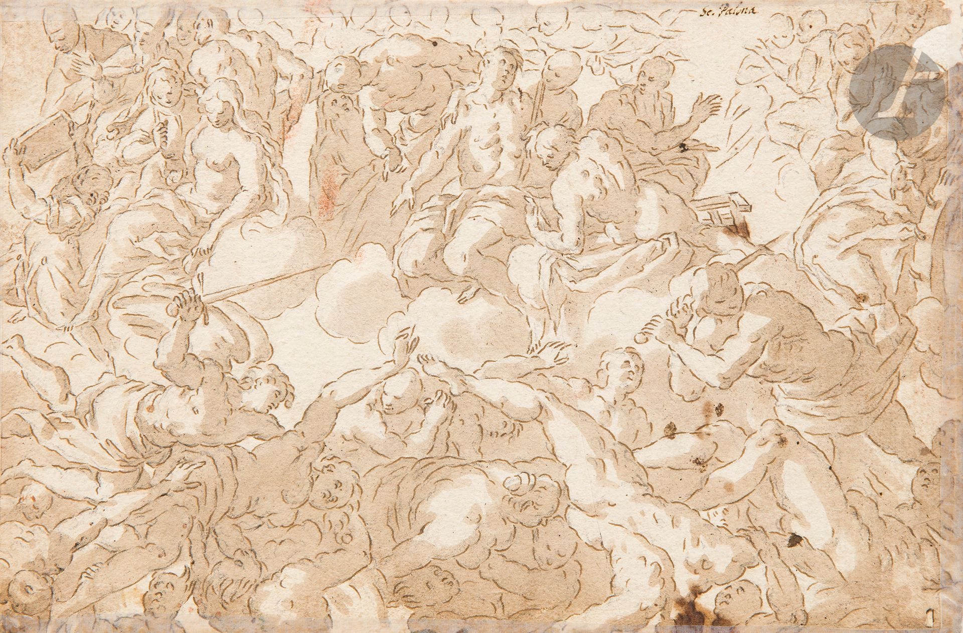 *Marcantonio BASSETTI (Vérone 1586-1630)
Le Jugement Dernier
Plume et encre brune, lavis brun sur traits de crayon noir.
(Petits manques en haut à droite et taches, doublé, annoté "  Sc.Palma  " au recto, nombreuses inscriptions manuscrites au verso).
14,5 x 22 cm
 
Provenance :  
- Ancienne collection Zaccaria Sagrado, son inscription au verso "  SG n°38  " à la plume et encre brune (Lugt 2103a).
- Collection Ulmann, son cachet au verso  (L. 3533).
- Vente Mes Beaussant Lefèvre, Collection Jacques et Colette Ulmann, 10 février 2022, n°53.