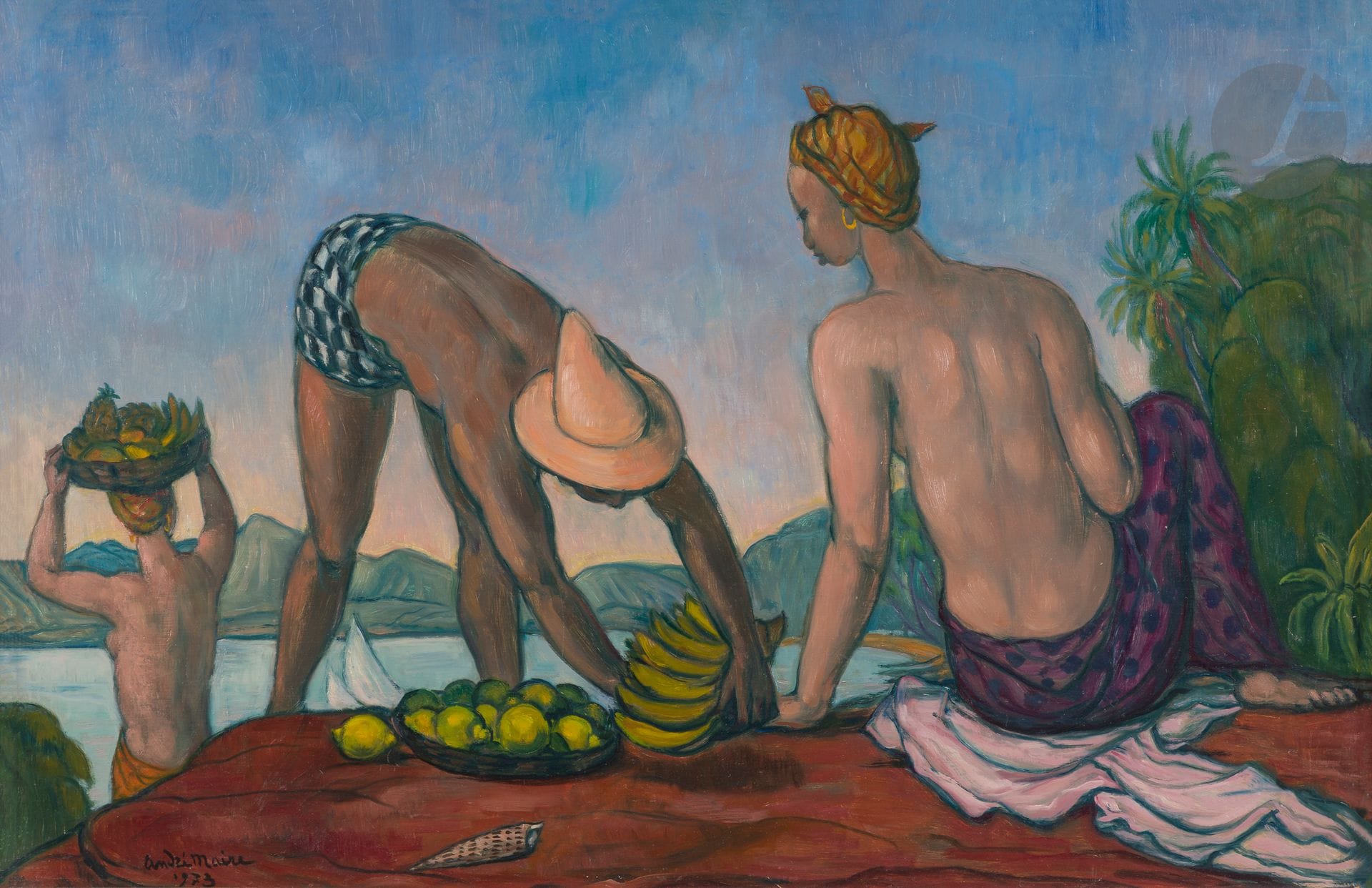 *André MAIRE (1898-1984)
Les Ramasseurs de fruits, 1973
Huile sur carton.
Signée et datée en bas à gauche.
(Manque dans l'angle inférieur gauche).
60 x 91 cm