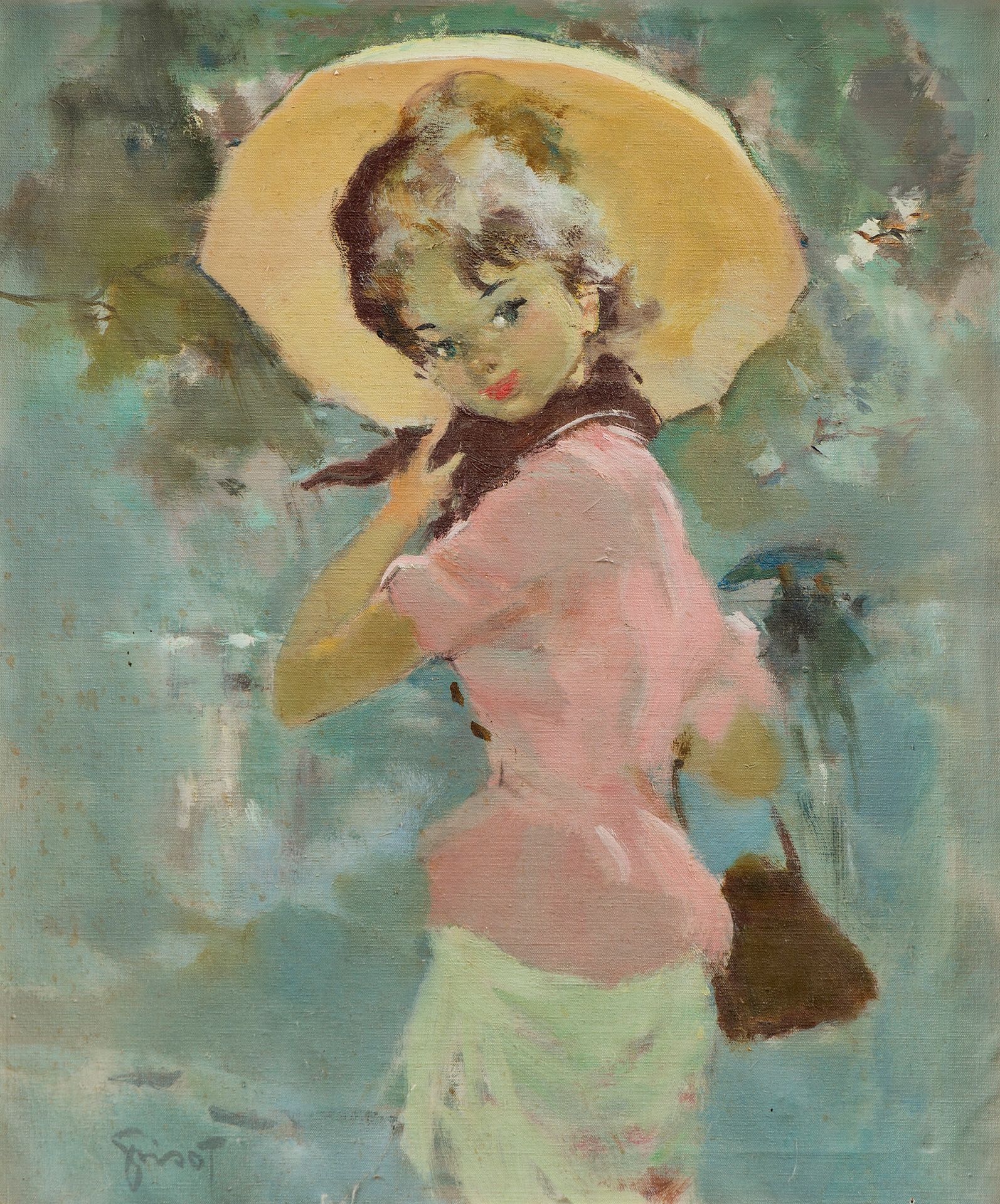 Pierre GRISOT (1911-1995) 
Young woman with umbrella
Oil on canvas. 
Signed lower left. 
55 x 46 cm
