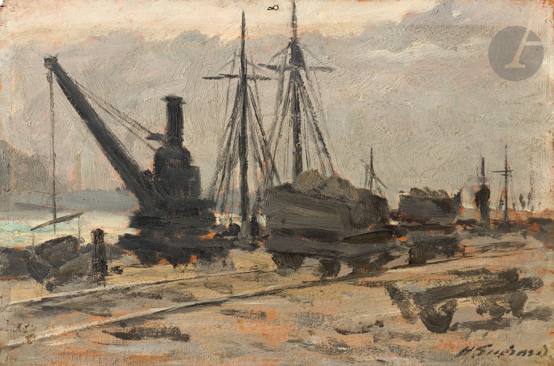 Henri Charles GUÉRARD (1846-1897)
Unloading on the quay
Oil on panel.
Signed lower right.
Monogrammed on the back.
(2 small holes on top center edge).
16 x 24 cm