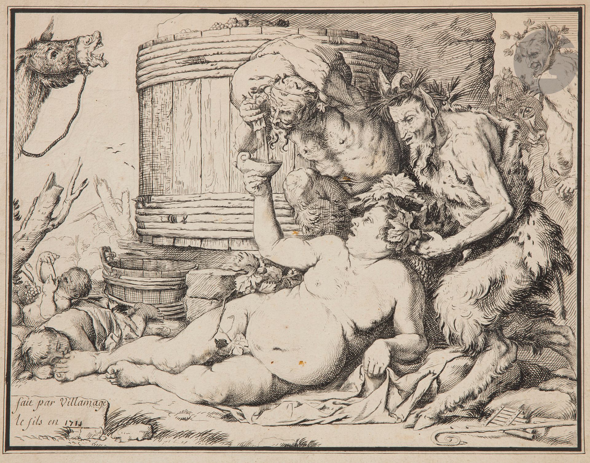 VILLAMAGE le fils (actif au XVIIIe siècle)
L'Ivresse de Sylène d'après RIBERA, 1711
Plume et encre noire.
Signée et datée en bas à gauche.
(Quelques taches).
27 x 35 cm
