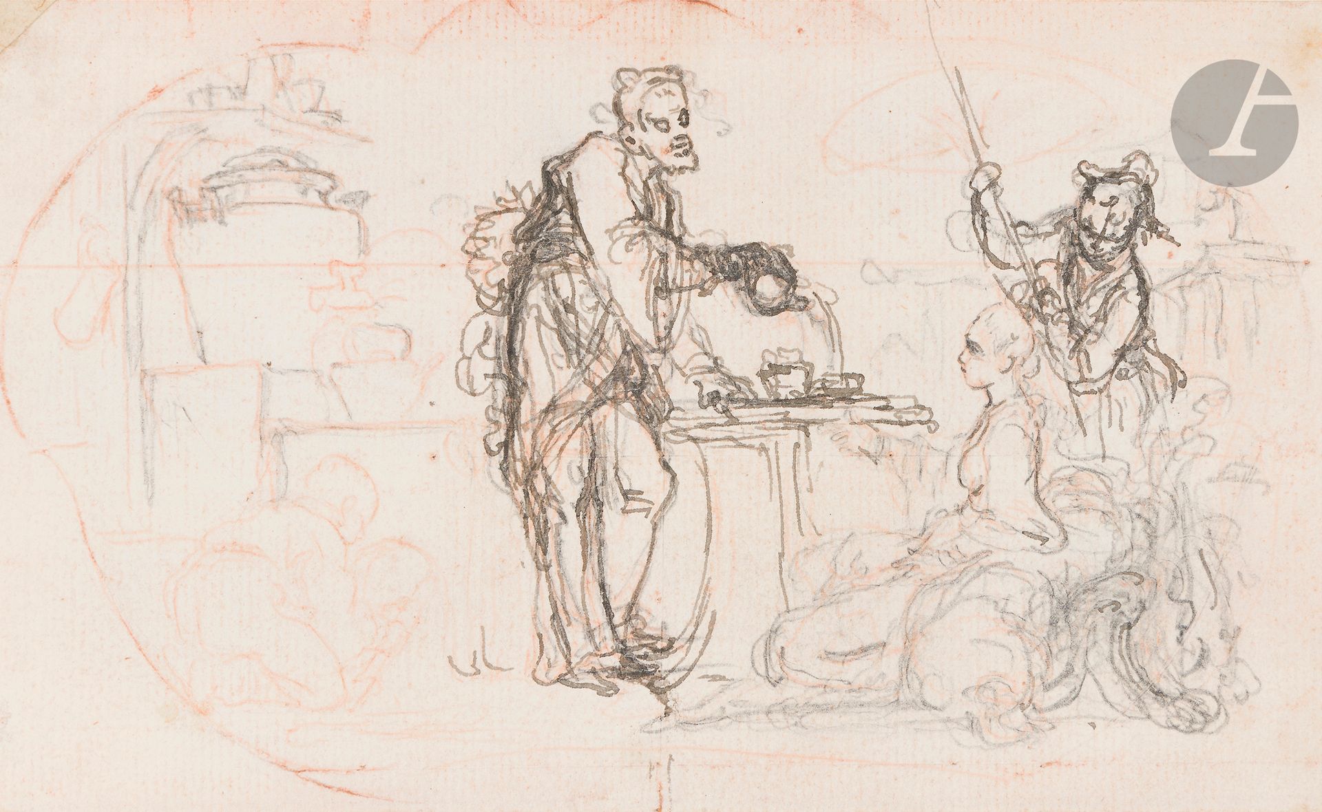 *Hubert François GRAVELOT (Paris 1699-1773)
The Tea Ceremony
Pen, brown ink, black pencil and red chalk.
Passed with a stylus for a transfer.
9.5 x 14.5 cm