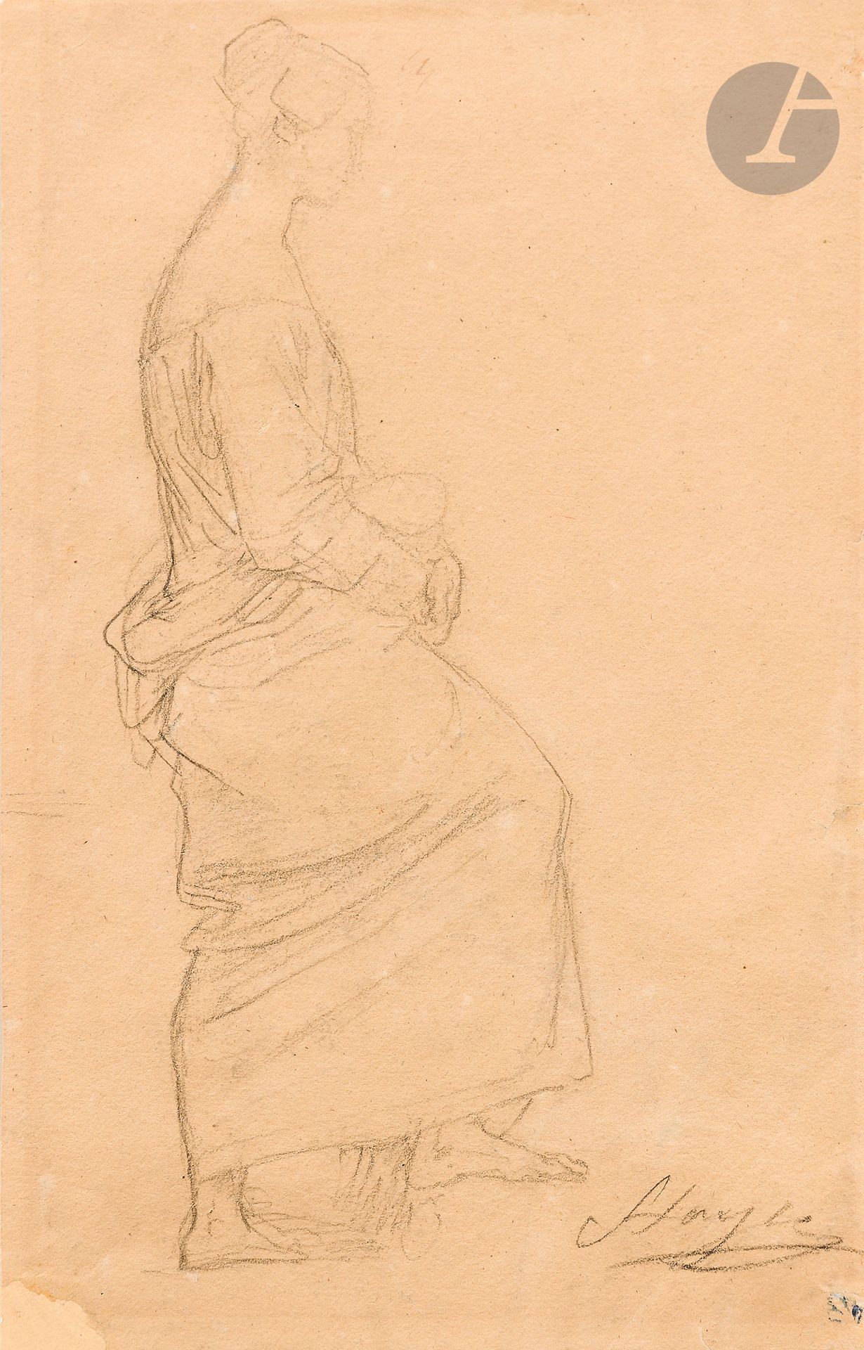 *Francesco HAYEZ (Venice 1791 - Milan 1882)
Woman climbing stairs
Black pencil and etching.
Signed lower right. 
(Restorations in the lower left corner and along the right edge).
22.6 x 14.2 cm

Provenance: Giovanni Piancastelli
Giovanni Piancastelli (1845-1926), painter, collector and Director of the Galleria Borghese, Rome. 

Also included:
Pietro BARUCCI (Rome 1845-1917)
Borghese Garden, 1881
Black pencil.
Signed and dated "22 ottobre 1881" lower right.
22.1 x 30.7 cm

Provenance: Giovanni Piancastelli
Giovanni Piancastelli (1845-1926), painter, collector and Director of the Galleria Borghese, Rome.