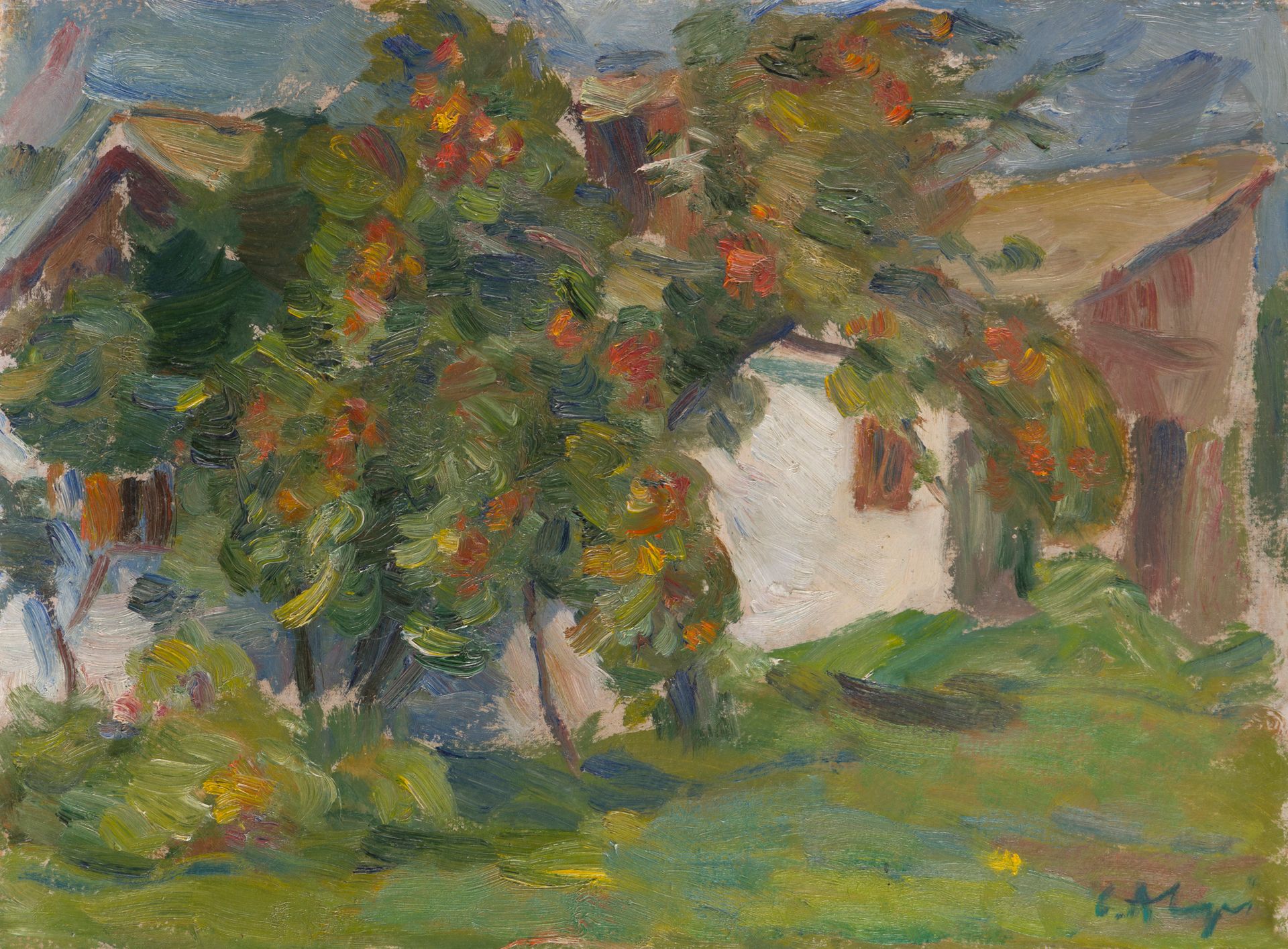 Calin ALUPI (1906-1988)
Le Pommier du jardin, 1970
Huile sur carton.
Signée en bas à droite.
Titrée au dos.
30 x 40 cm

Provenance : 
Collection Sanda Alupi, épouse de l'artiste. Par descendance.

Expositions : 
- Exposition Calin Alupi, Galerie Corso, Trieste, janvier 1971, Trieste, n° 25.
- Exposition Calin Alupi, Centro Australiano Qantas, Rome, mars 1971, n° 18.
- Exposition Calin Alupi, Union des Artistes Plasticiens (UAP), Bucarest, juin - juillet 1975, catalogue, n° 23.
- Calin Alupi, exposition rétropsective, Musée national d'Art, Bucarest, mars 1978, catalogue, n° 42.
- Calin Alupi, Gens, lieux, paysages (huiles), Galerie Cupola, Jassy, 21 juin - 1er juillet 2001.
- Calin Alupi, Maison russe des Sciences et de la Culture, Paris, 2024.

L'œuvre figure au catalogue raisonné en ligne de l'œuvre de Calin Alupi sous le n° 489.