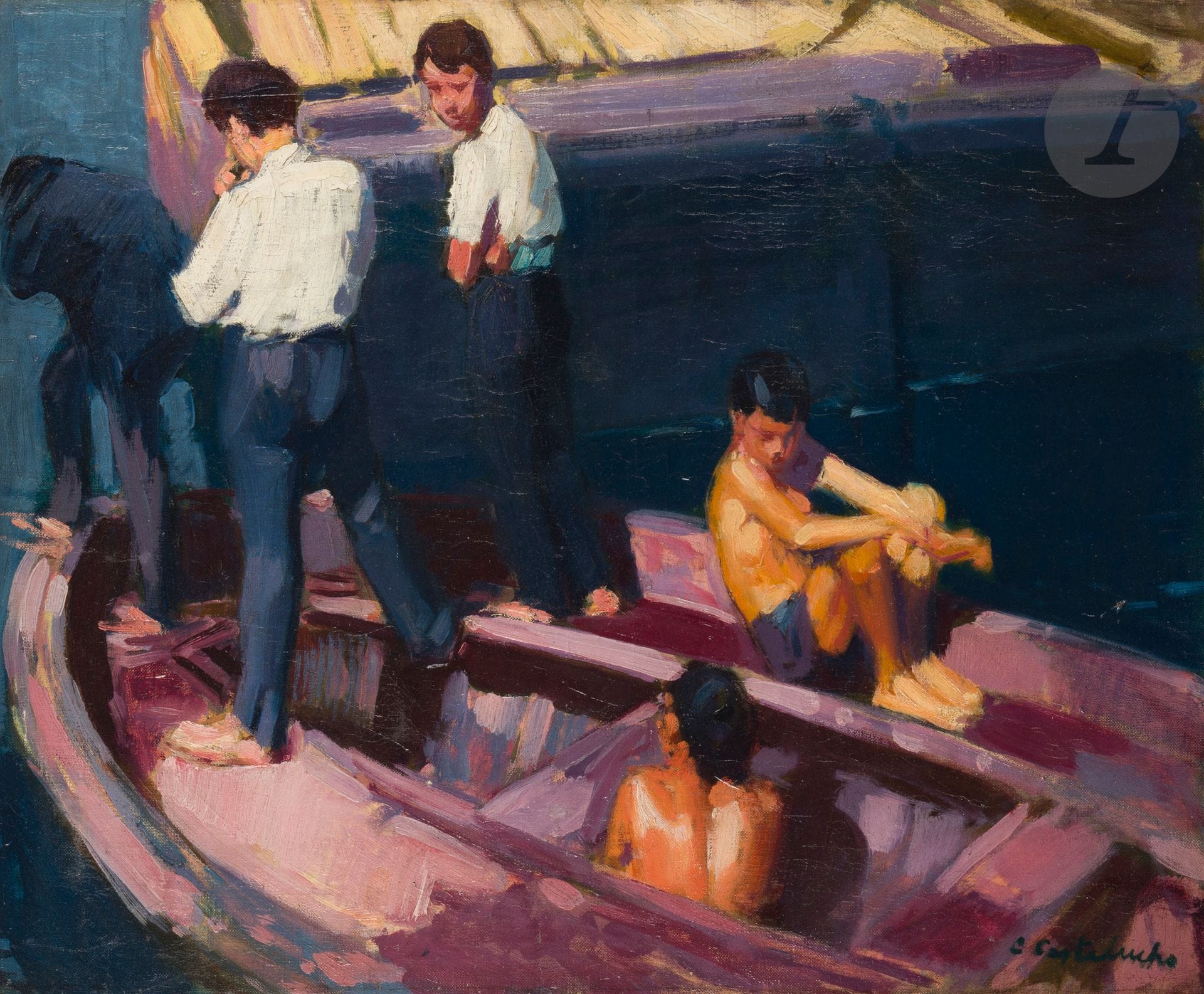 Claudio CASTELUCHO DIANA (1870-1927)
Sur le pont
Huile sur toile.
Signée en bas à droite.
Signée et titrée au dos.
(Restaurations).
60 x 73 cm