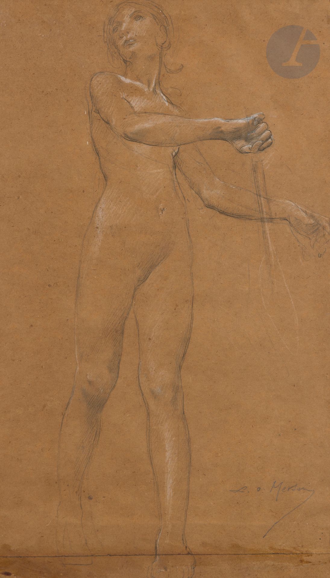 Luc-Olivier MERSON (Paris 1846-1920)
Étude de femme
Crayon noir et craie blanche sur deux papiers sur calque contrecollé sur papier.
Signée en bas à droite.
(Cassures du papier dans le bas).
46 x 26 cm