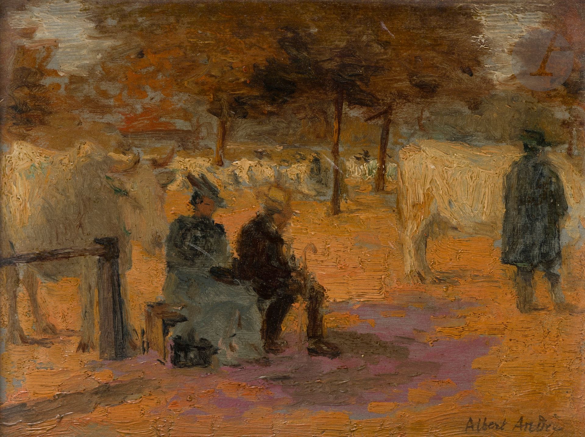 Albert ANDRÉ (1869-1954)
Couple sur un banc
Huile sur carton.
Signée en bas à droite.
15,5 x 20,5 cm