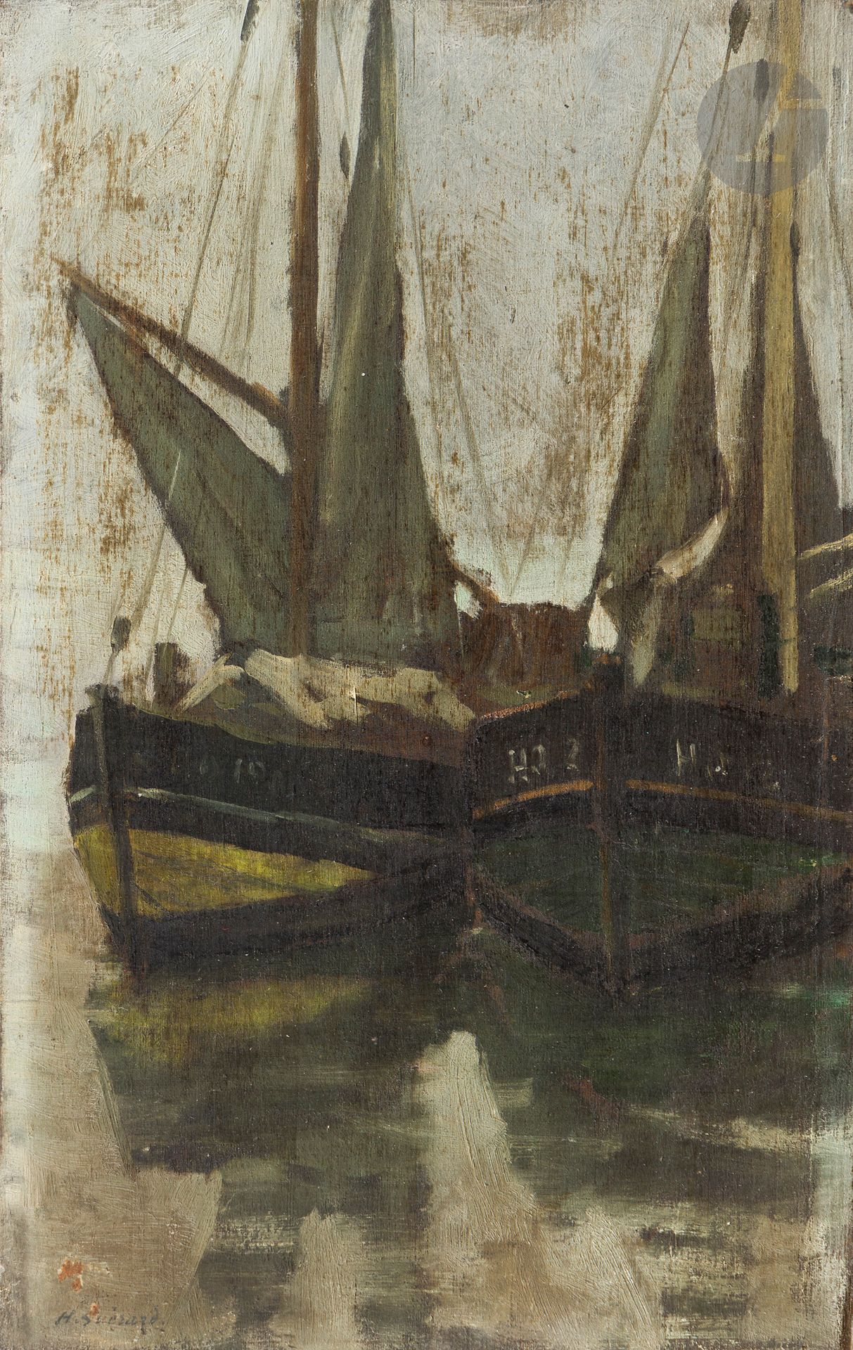 Henri Charles GUÉRARD (1846-1897)
Les Voiliers
Huile sur panneau.
Signée en bas à gauche.
(Usures).
24 x 15,5 cm