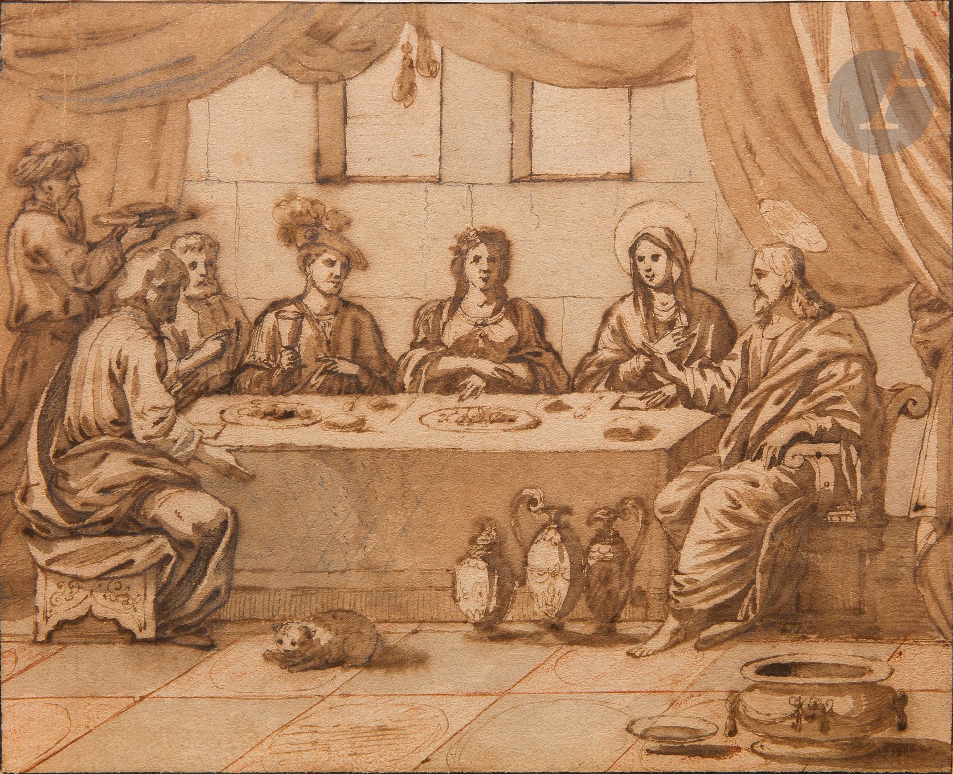 *ÉCOLE FRANÇAISE du XVIIe siècle
Noces de Cana
Encre, lavis d'encre sur traits de craie noire et sanguine.
15,1 x 18,6 cm