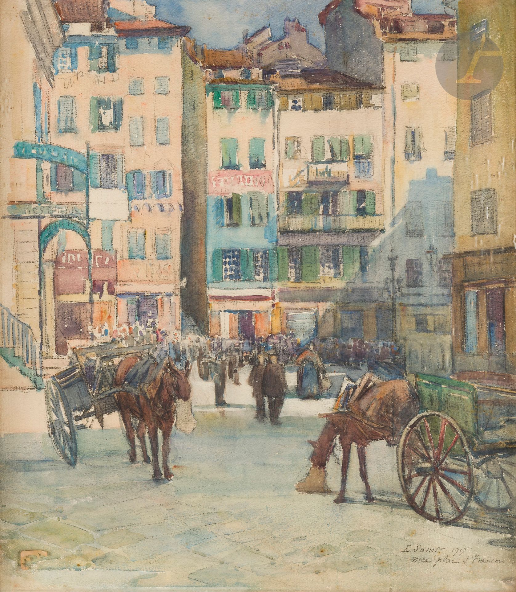 Louise-Anne SAINT (1865-1931)
Nice, la place Saint-François, 1913
Aquarelle.
Signée, datée et située en bas à droite.
51 x 42 cm