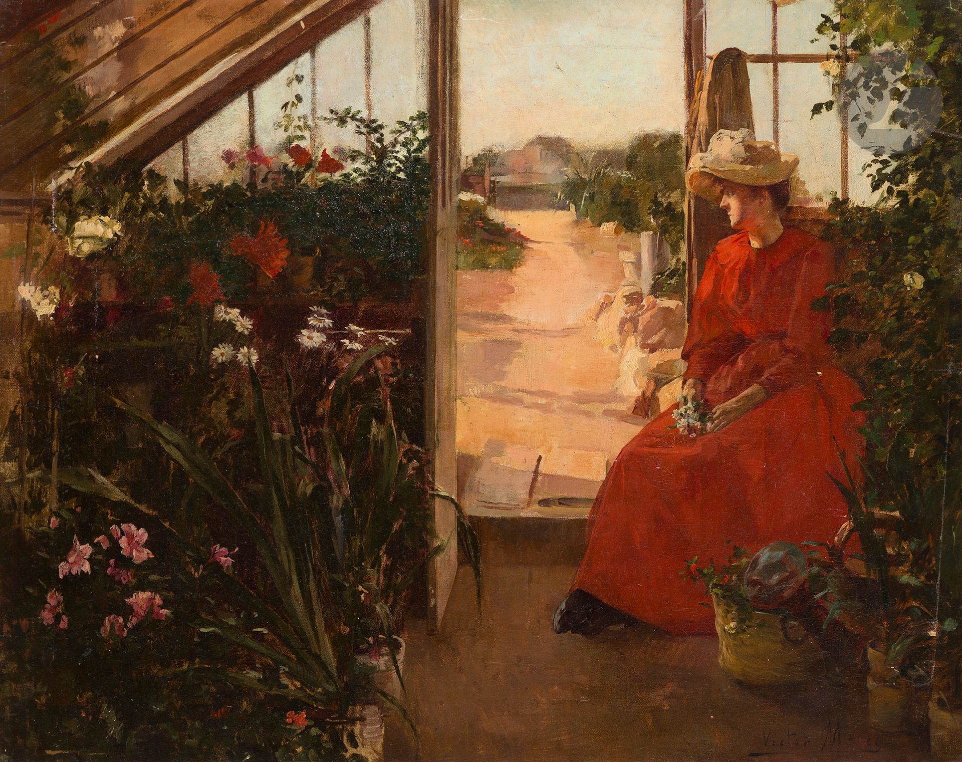 Victor MAREC (1862-1920)
Sous la Serre
Huile sur toile.
Signée en bas à droite.
(Rentoilée).
41 x 52 cm