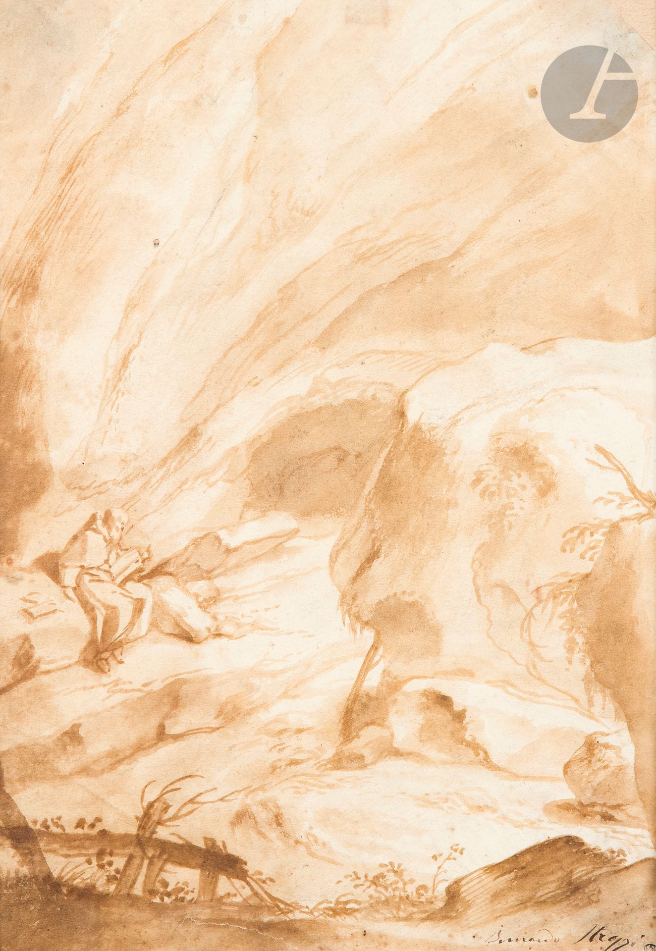 *Paolo Gerolamo PIOLA (Gênes 1666-1724)
Moine dans une grotte
Encre et lavis d'encre brune.
Annotée " Bernardo Strozzi " en bas à droite.
Au verso inscription " D. Piola. N. Newcombe ", une autre inscription ancienne " Tavela ".  
28,9 x 21 cm

Provenance :
- Collection Mathias Polakovits, son cachet en bas à droite (Lugt 3561).
- Vente Me Christophe Joron-Derem, Ancienne collection Mathias Polakovits, 21 mars 2018, n°99.