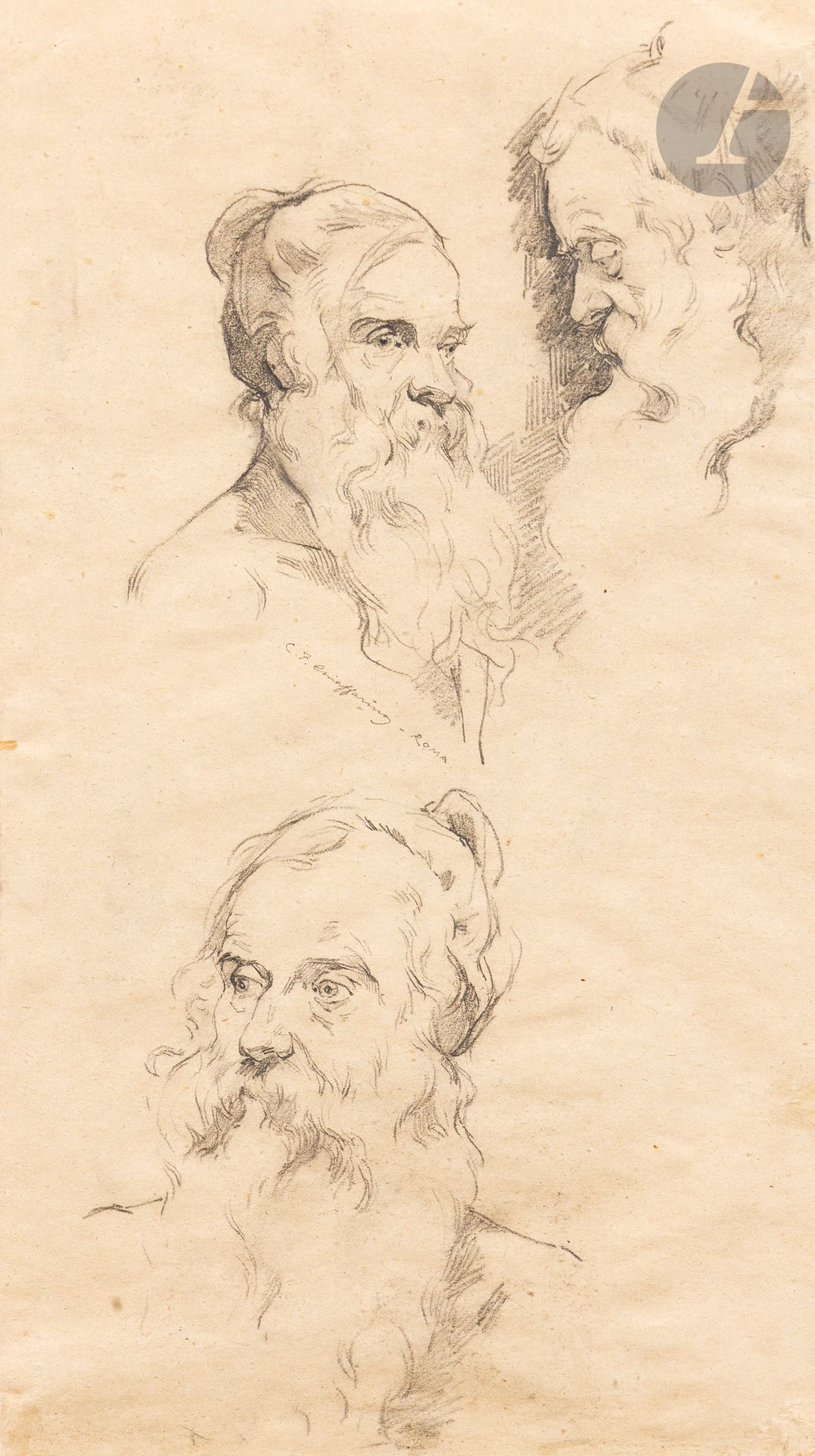 *Carlo Filippo CHIAFFARINO (Genoa 1856 - Apparizione 1884) 
Study of heads
Black pencil and etching.
38.5 x 21 cm

Provenance :
Giovanni Piancastelli (1845-1926), painter, collector and Director of the Galleria Borghese, Rome. 

Two other drawings are included:
ITALIAN NEOCLASSIAN SCHOOL (Antonio Testa ?) 
Landscape with villa
Black pencil.
Signed lower left. 
17.2 x 27.1 cm

Provenance :
Giovanni Piancastelli (1845-1926), painter, collector and Director of the Galleria Borghese, Rome. 

Attributed to Silvestro VALERI (Rome 1814-1902) 
Dead Christ
Black pencil, shading and white chalk highlights.
30 x 19.8 cm

Provenance :
Giovanni Piancastelli (1845-1926), painter, collector and Director of the Galleria Borghese, Rome.