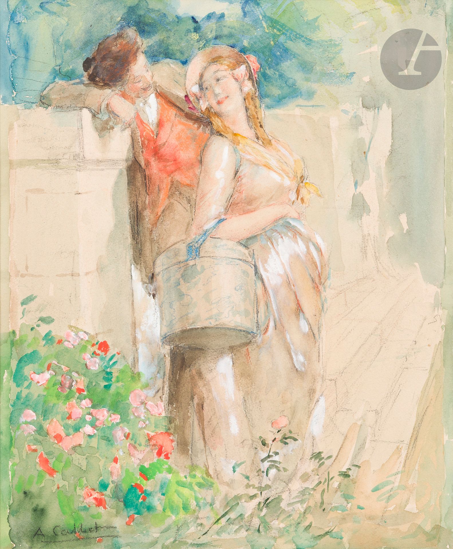 Antoine CALBET (1860-1944)
Les Amis
Aquarelle et gouache sur traits de crayon.
Signée en bas à gauche.
30 x 25 cm