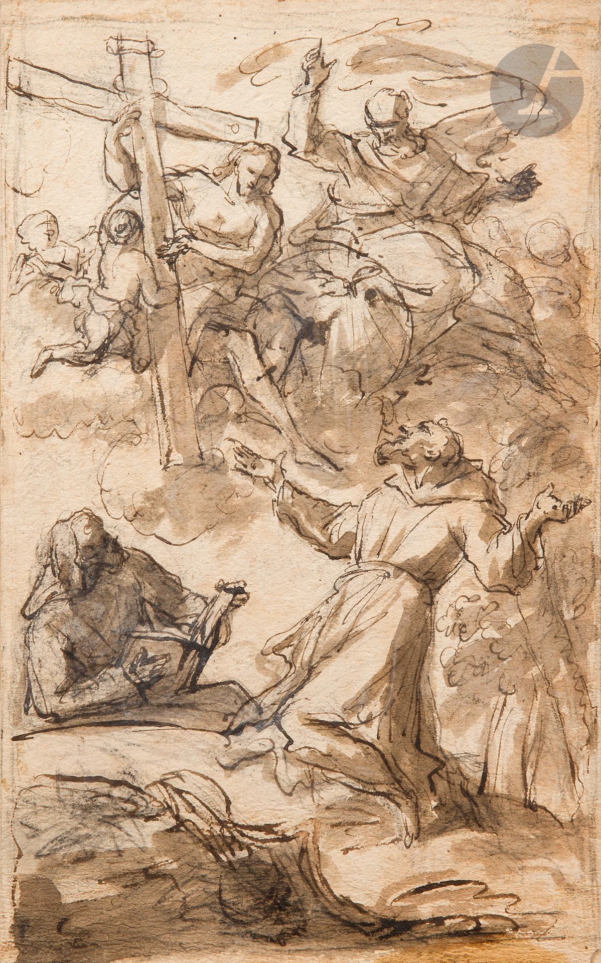 **Domenico MONDO (Capodrise 1723 - Naples 1806)
Saint Francis receiving the stigmata
Pen, brown ink and brown wash, over black pencil lines.
Later drawing on verso of lining. 
26.6 x 16.6 cm