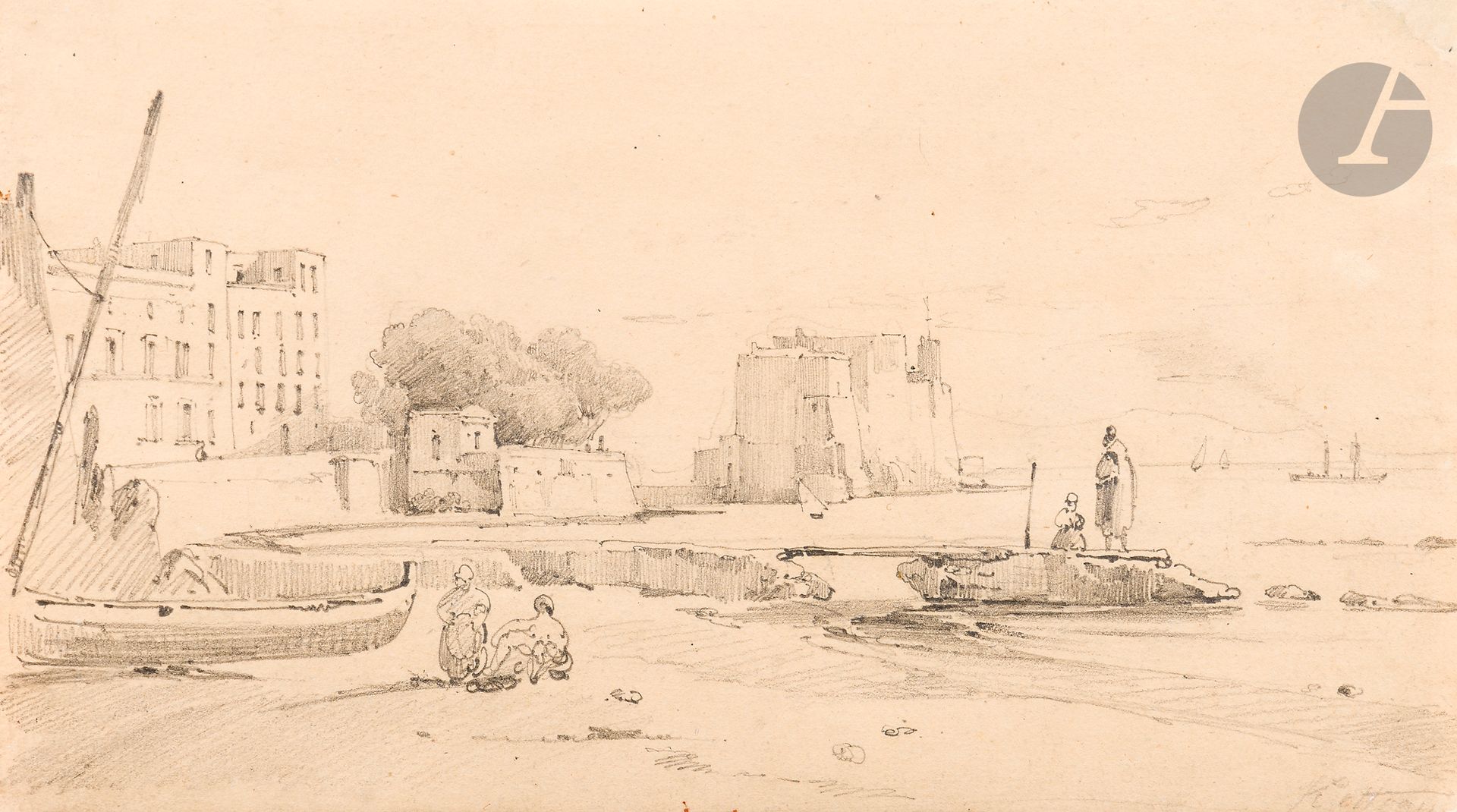 *Pierre-Félix COTTRAU (Paris 1799-1852)
Vue du château de l'Œuf à Naples 
Crayon noir.
Signé en bas à droite. 
(Restauration à un angle).
12,8 x 22,3 cm

Provenance :
Giovanni Piancastelli (1845-1926), peintre, collectionneur et Directeur de la Galleria Borghese, Rome.