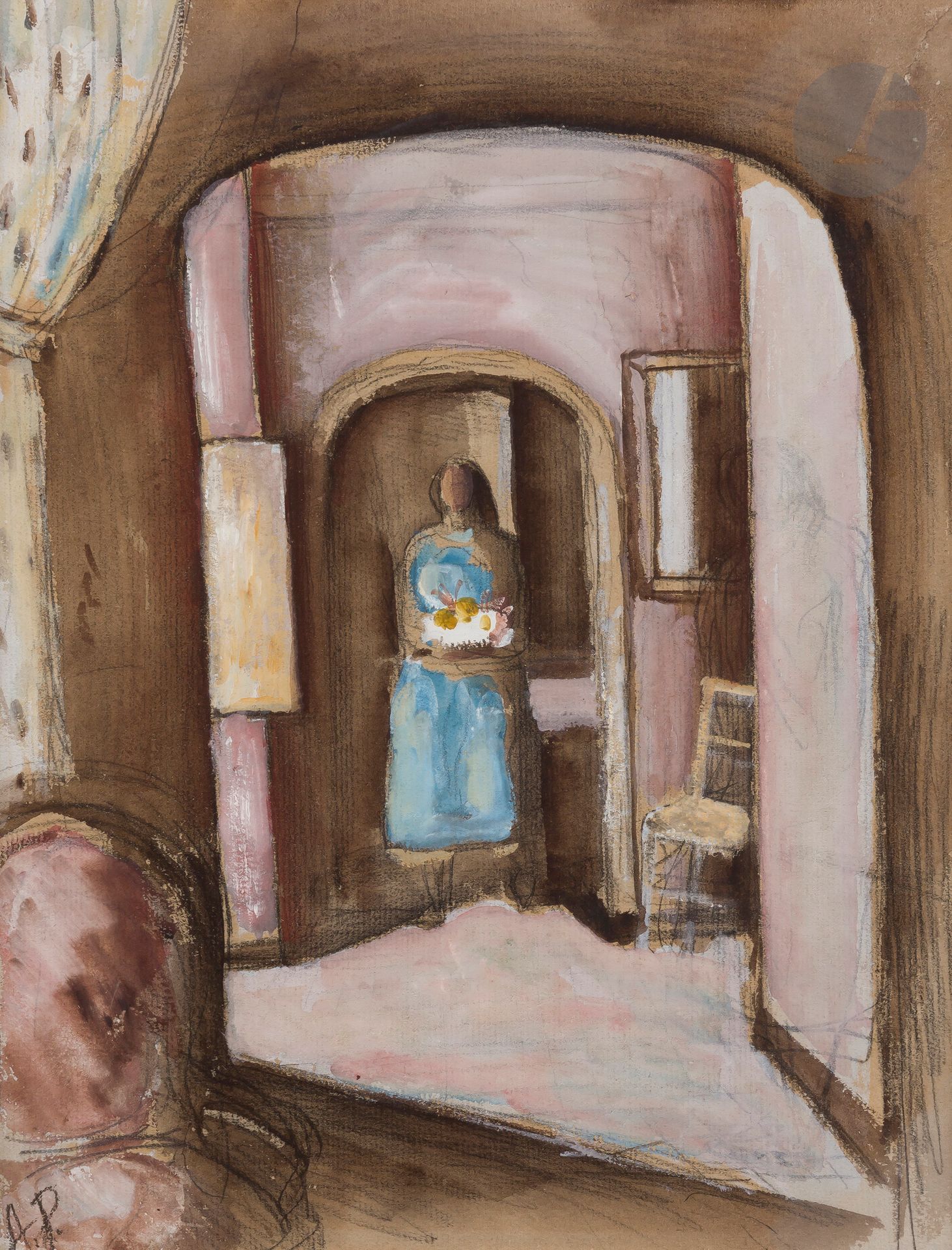 Amédée de LA PATELLIÈRE (1890-1932)
Jeune femme dans un intérieur
Aquarelle et gouache sur traits de fusain et mine de plomb.
Monogrammée en bas à gauche.
28,5 x 21,5 cm

Exposition : 
Galerie J. Chapelain, Paris, 1974 (étiquette au dos du cadre).