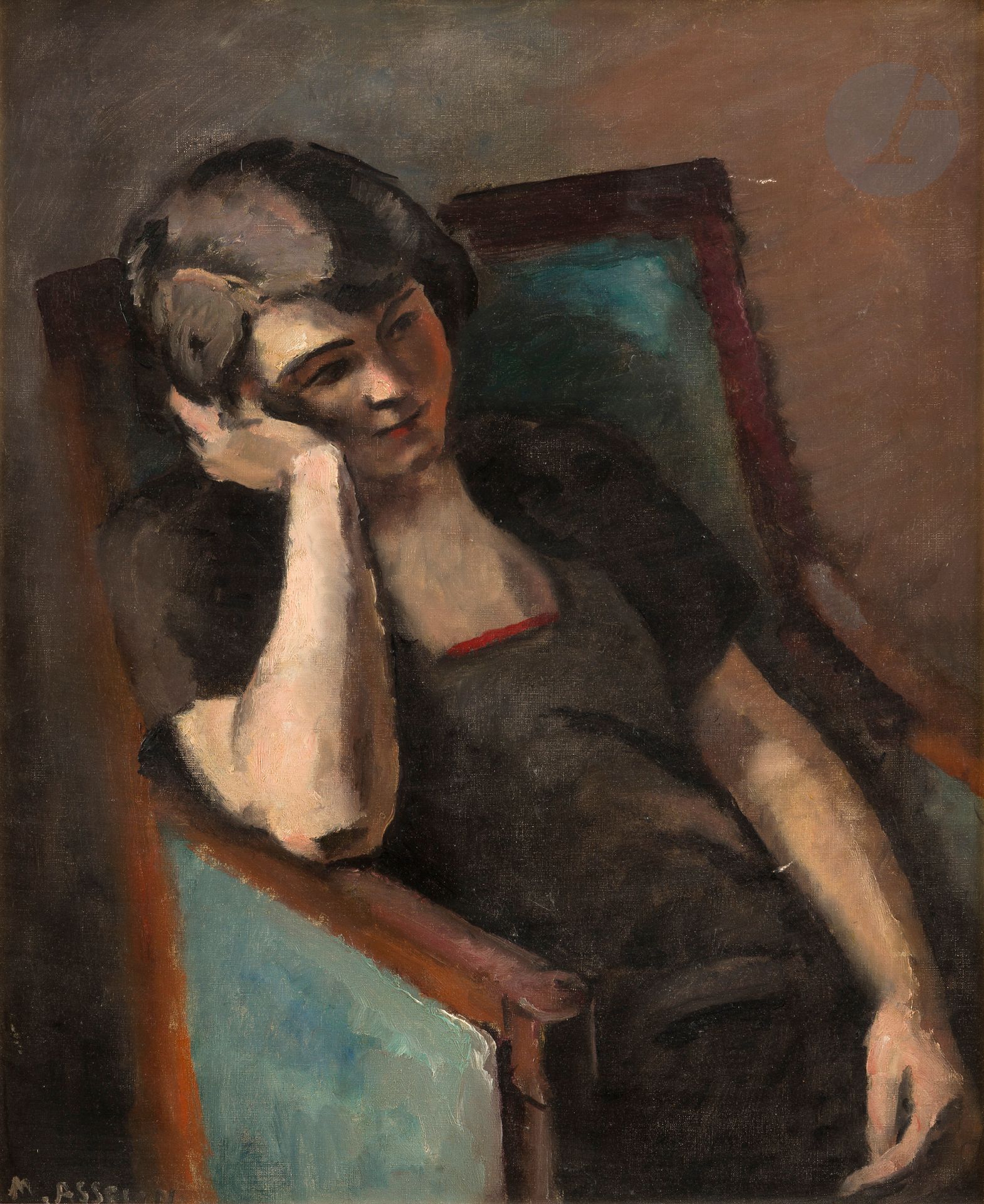 Maurice ASSELIN (1882-1947)
Woman leaning back in an armchair
Oil on canvas. 
Signed lower left. 
(Tiny scratch). 
73 x 60 cm

Provenance : 
Galerie de la Poste, Pont-Aven (label on back).