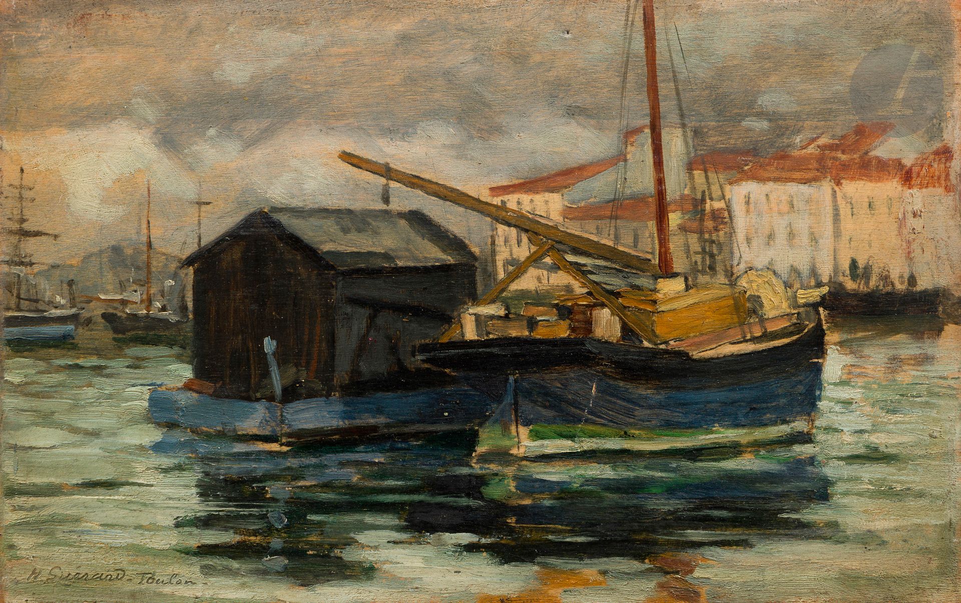 Henri Charles GUÉRARD (1846-1897)
Le Port de Toulon
Huile sur panneau.
Signée et située en bas à gauche.
Mention manuscrite au dos : " Appartenant à Jeanne Gonzalès ".
15,5 x 24 cm