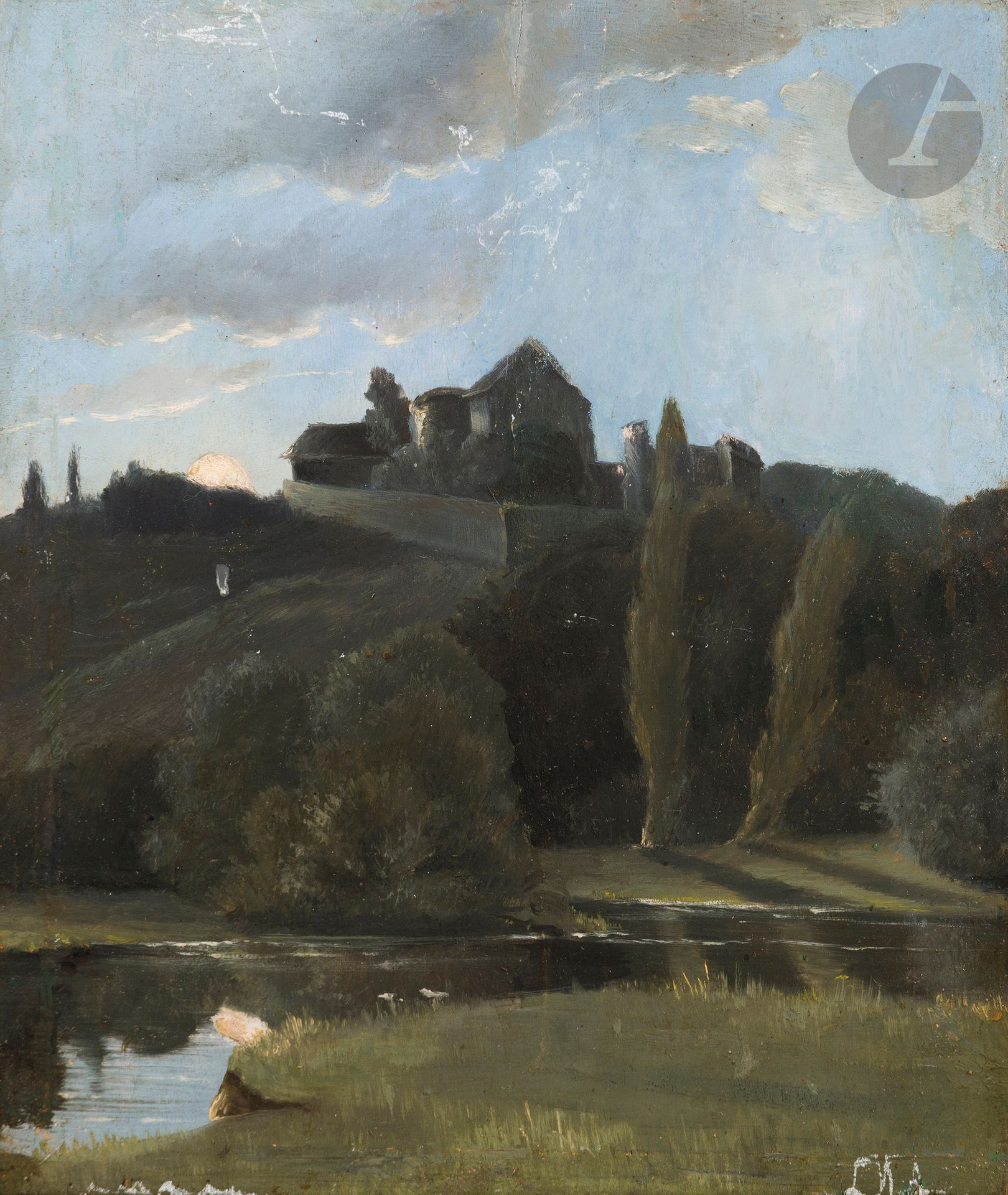 ÉCOLE FRANÇAISE, FIN DU XIXe siècle
Paysage au cyprès
Huile sur panneau parqueté.
Non signée.
27 x 23 cm