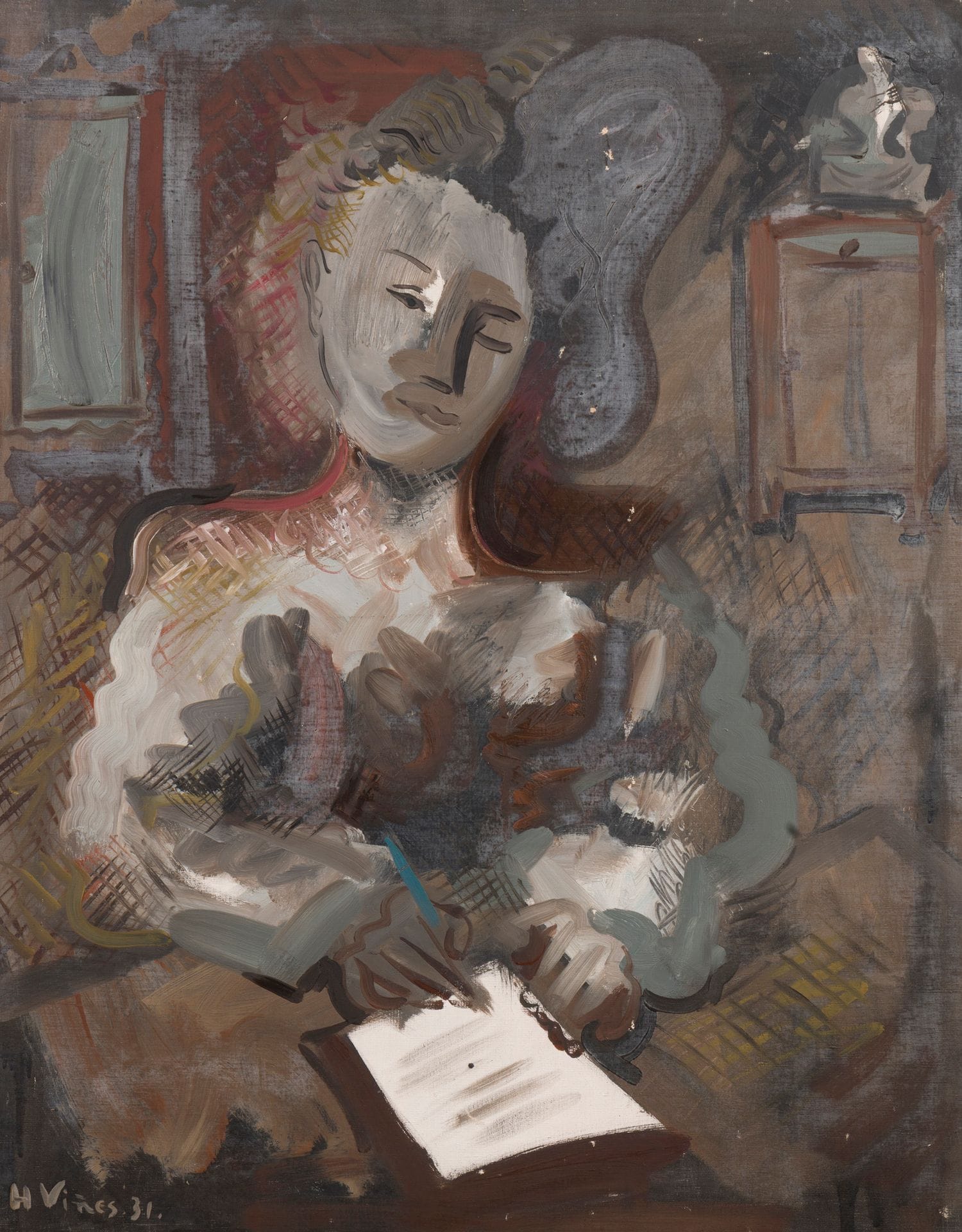 Hernando VIÑES-SOTO (1904-1993)
Woman writing, 1931
Oil on canvas.
Signed and dated lower right.
(Misses).
91 x 72 cm